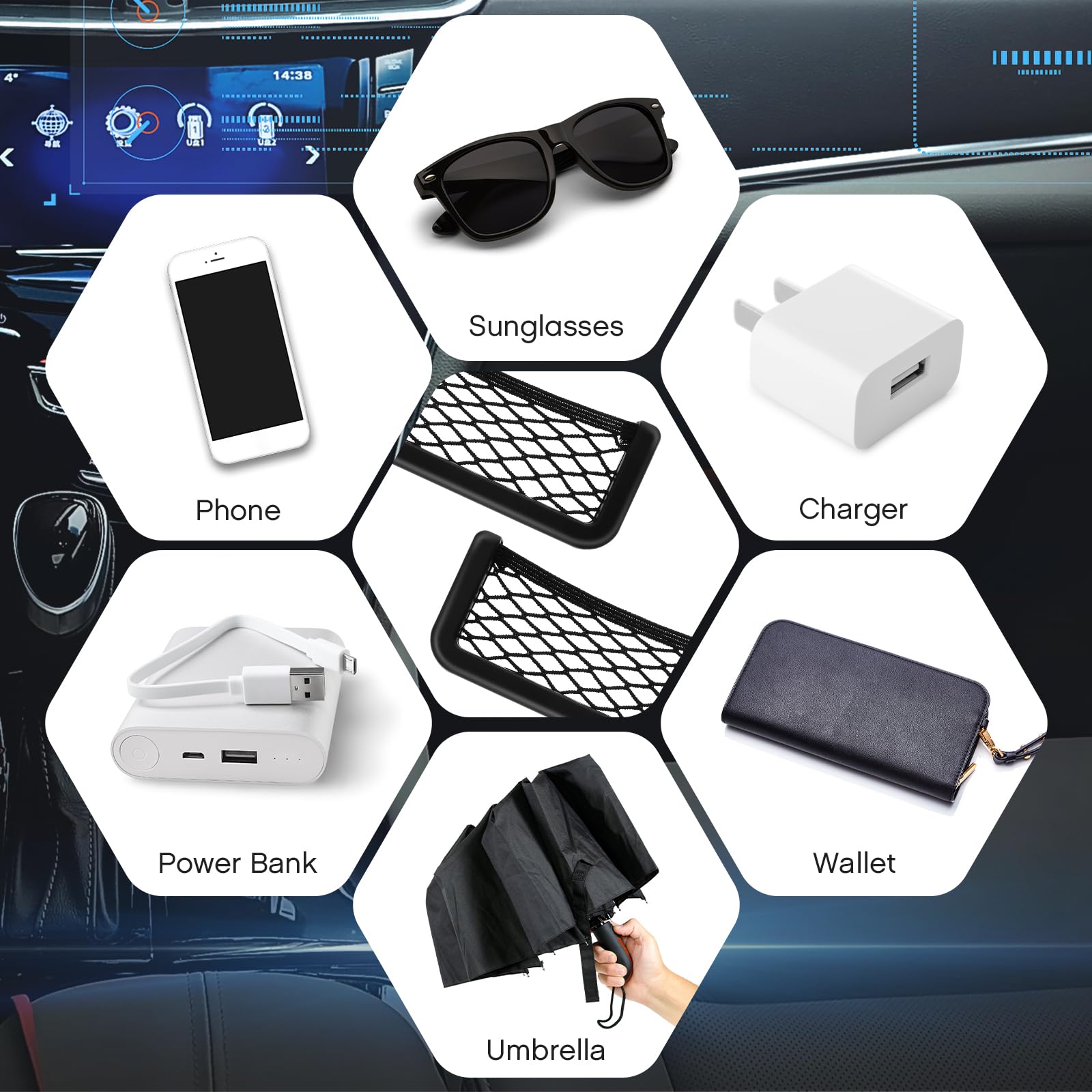 Frienda 2 Pcs Abs Plastic Frame Car Storage Net Bag Phone Car Mesh Net Holder Rv Storage Boat Cargo Pocket Organizer Framed Mesh