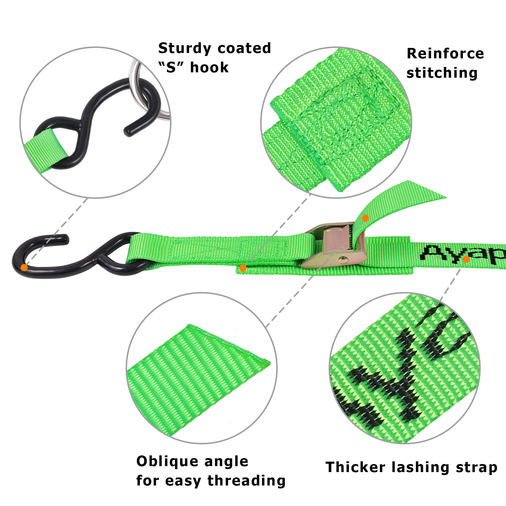 Ayaport Cam Buckle Tie Down Straps 6 Feet 2200Lbs Break Strength Green Securing Straps With S Hooks For Motorcycle, Kayak, Car,