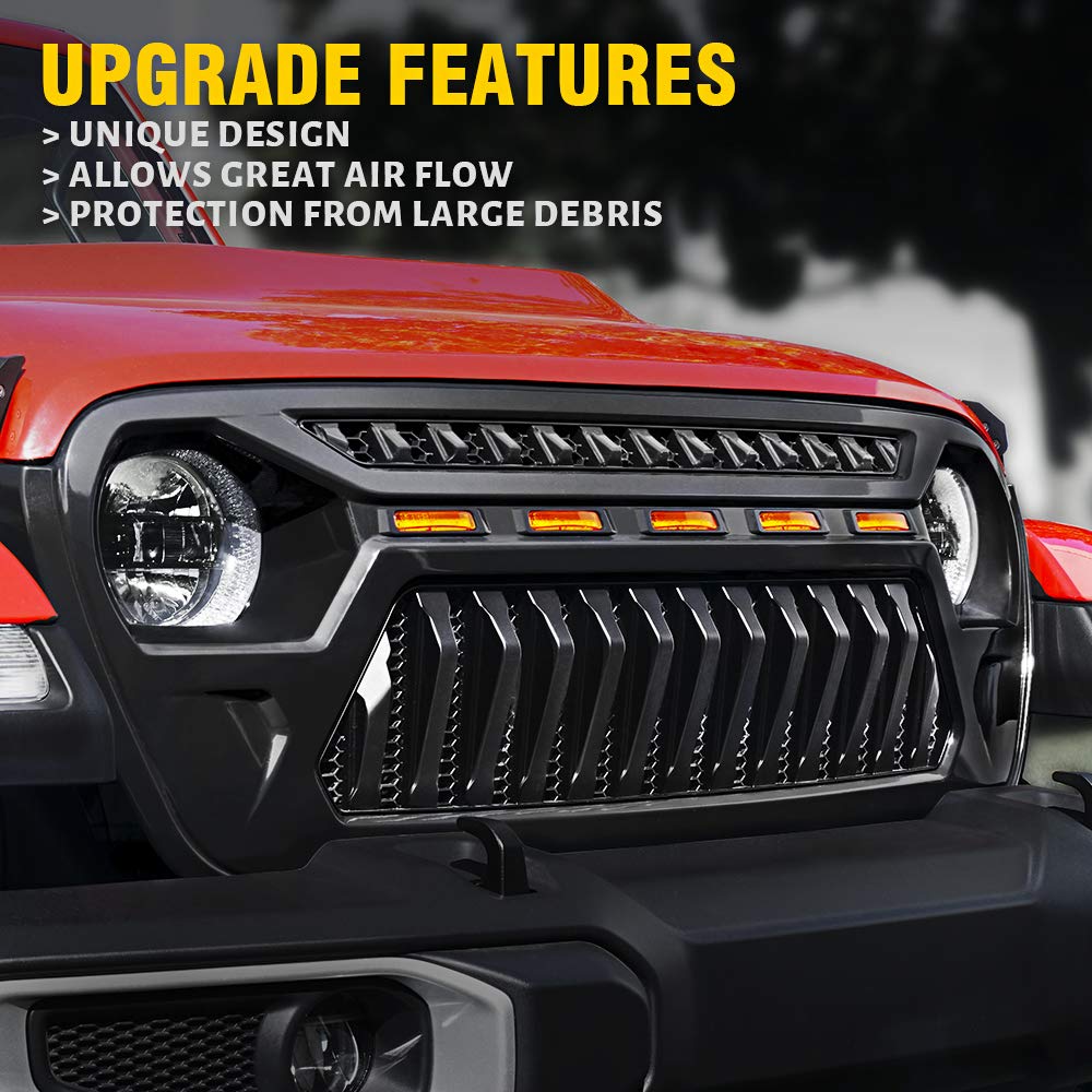 Xprite Front Grille With Amber Led Running Lights Black Gladiator Grill Compatible With 2018-2021 Jeep Wrangler Jl Jt