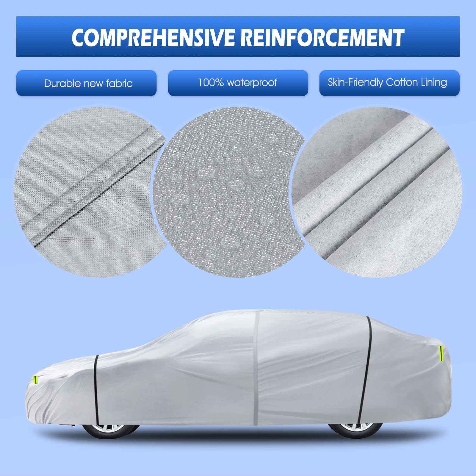 6 Layers Car Cover Waterproof All Weather For Automobiles, Size A3 With Zipper Cotton Fit For Toyota Camry, Honda Accord, Ford M