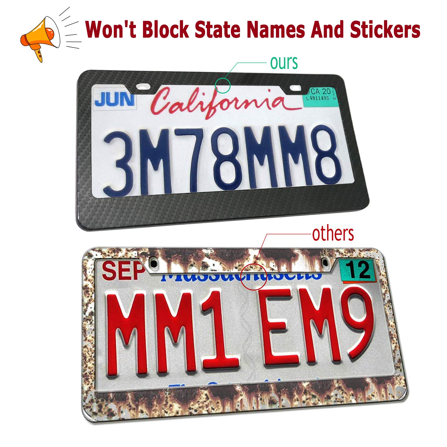 Youoy Carbon Fiber License Plate Frame- Black Aluminum Auto Car Tag Cover, 2 Pack Heavy Duty Holder For Us Front Rear Plate, Wit