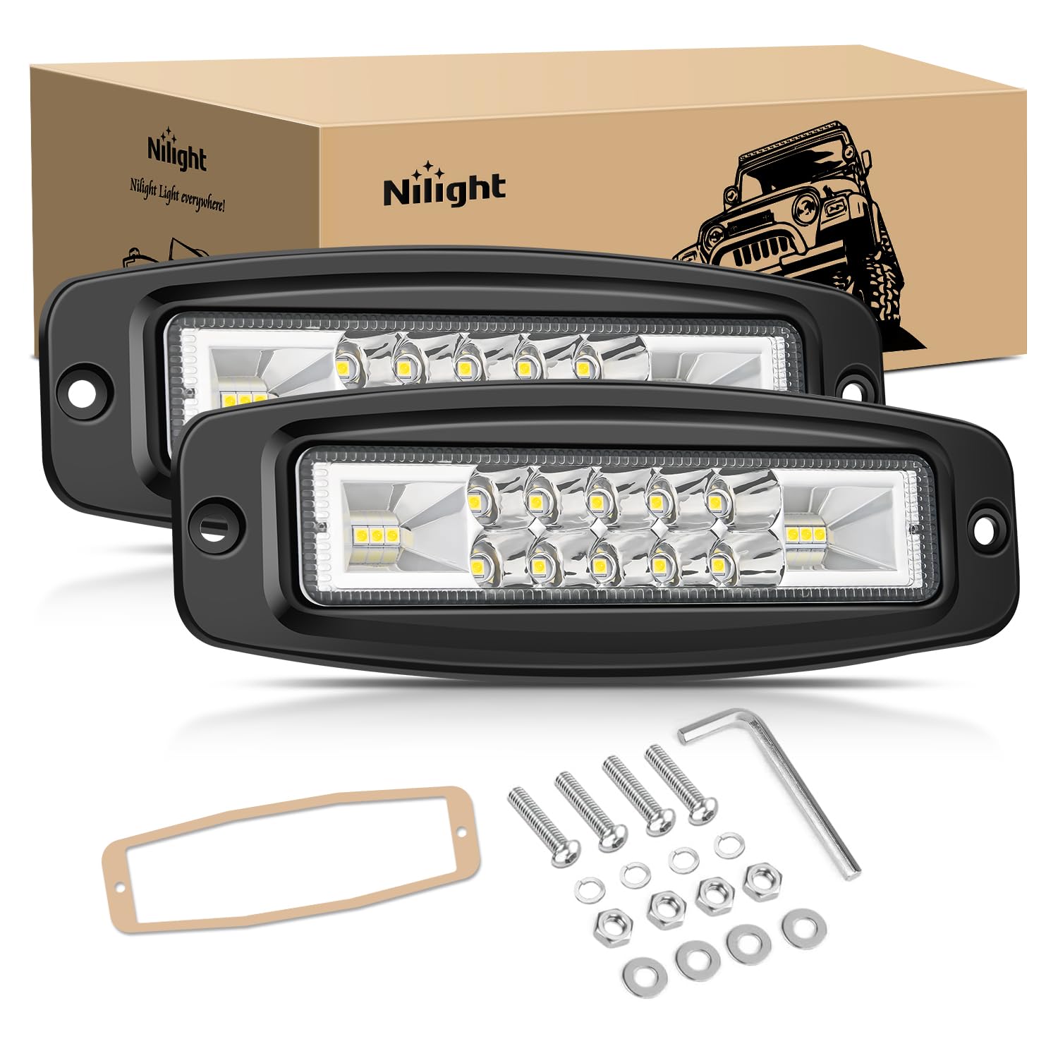 Nilight Flush Mount Led Pods 2Pcs 6 Inch 60W Led Work Light Flood Spot Beam Combo Backup Driving Lights Fog Lamp Reverse Grill M