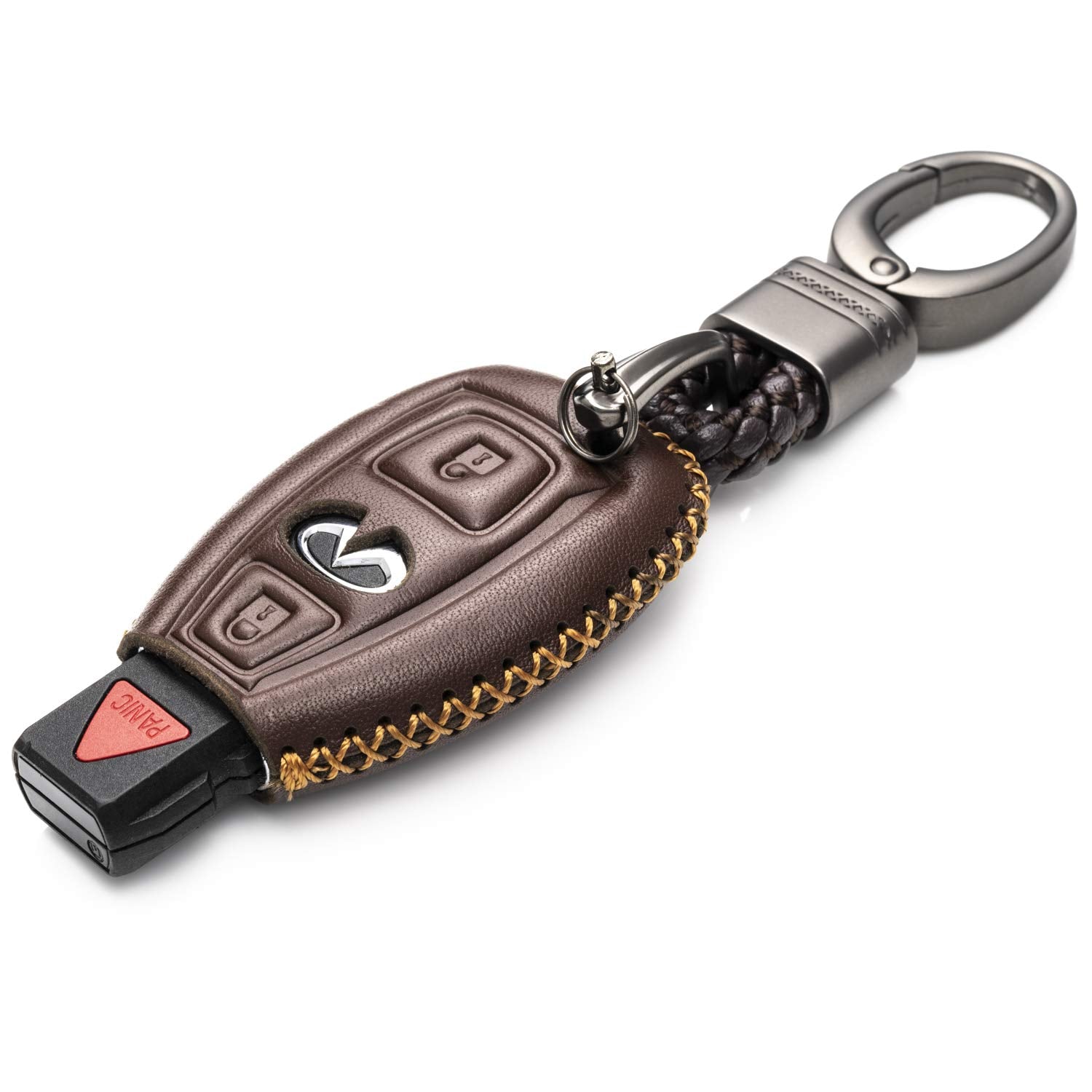 Vitodeco Genuine Leather Smart Key Fob Case Cover Protector with Leather Key Chain for 2017 - 2018 Infiniti QX30 (3-Button, Black/Red)