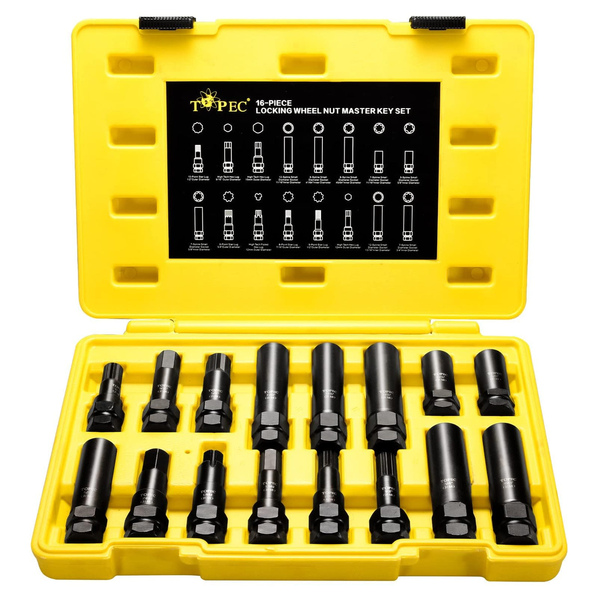 Topec 16-Piece Locking Lug Nut Master Key Set | 5, 6, 7, 12 Spline Socket, Star And Internal Hex Style Lug Nut Key, Cr-Mo Steel