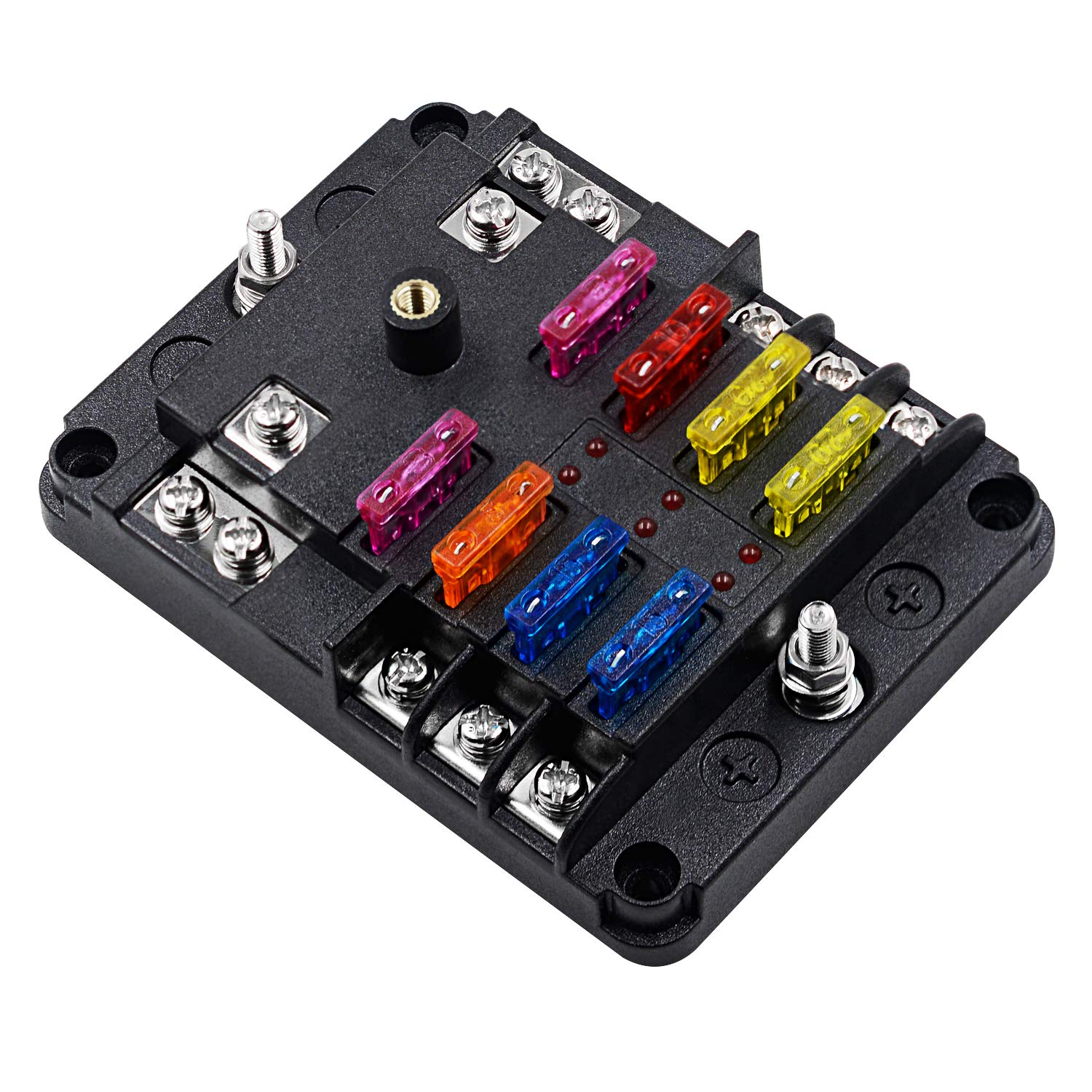 6 Way Fuse Block W/Negative Bus - Atc/Ato 6 Circuit Fuse Box With Ground, With Negative Bus & Protection Cover, Bolt Connect Ter