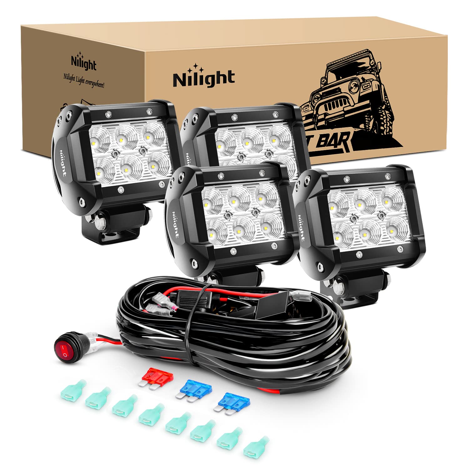Nilight Led Pods 4Pcs 4 Inch 18W Flood Off Road Fog Lights Driving Roof Led Light Bar Work Light With 16Awg Wiring Harness Kit -