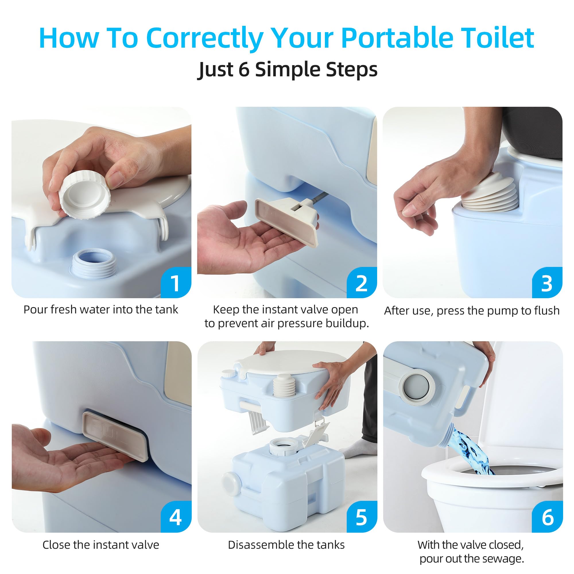 Yitahome 5.28 Gallon Portable Toilet Camping Porta Potty With Diagonal Enlarged Bowl, Hand Sprayer And Press Flush Pump, Space S
