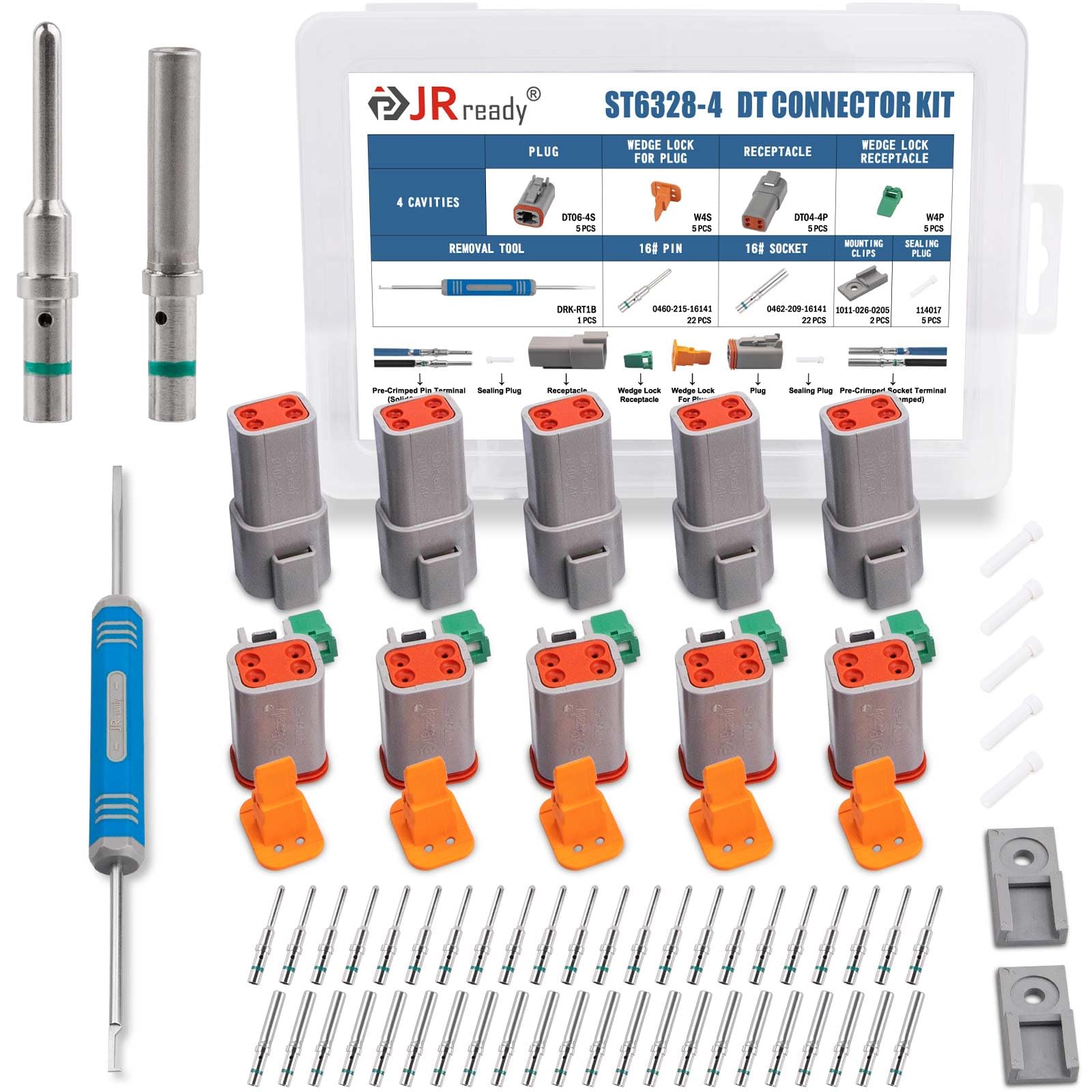 JRready Deutsch Waterproof Connector 4 Pin Connector Kits with 16 Solid Contacts(14-20AWG), ST6328-4 DT Series Connector 4 Pin 5