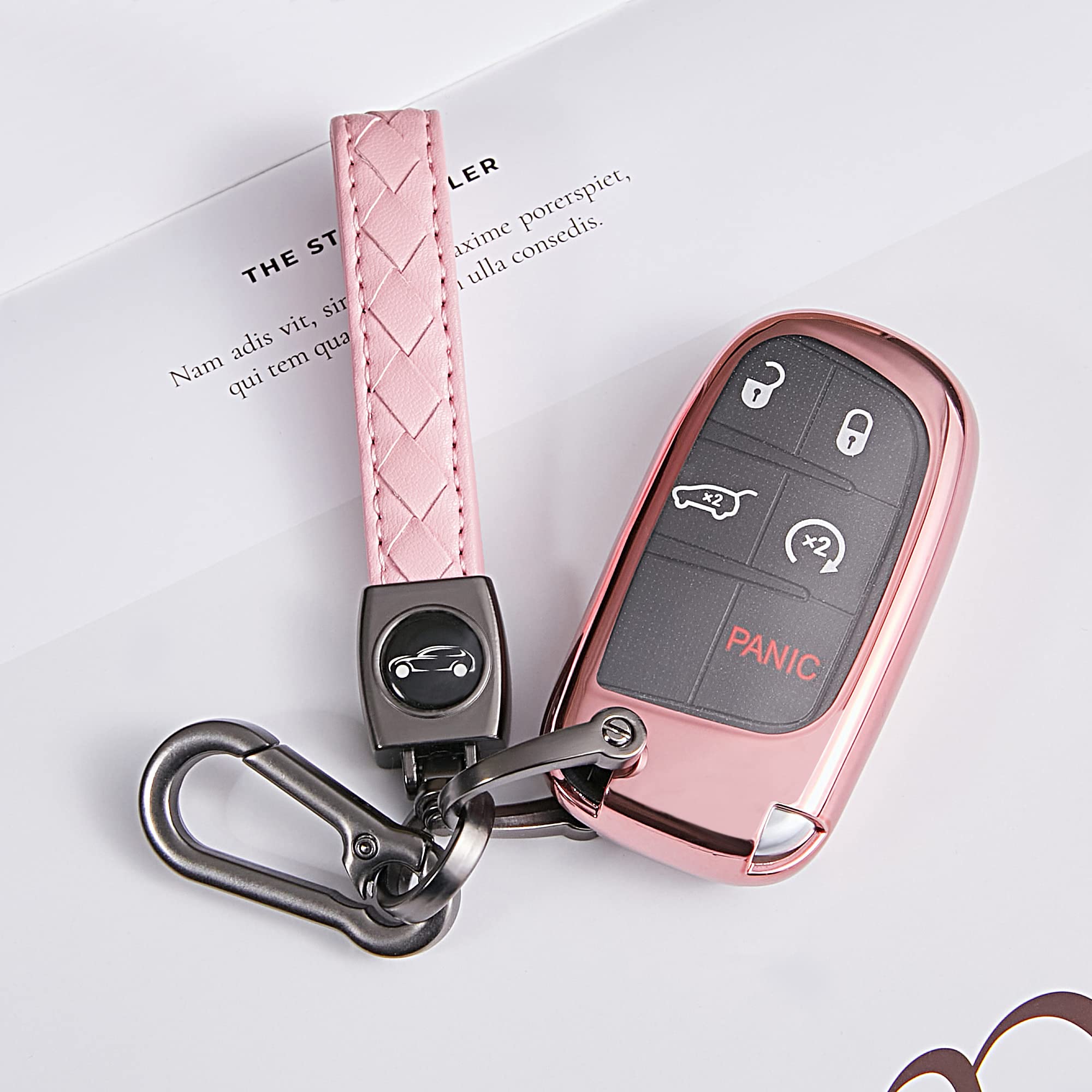 Tandrive Key Fob Cover Compatible With 2025 2024-2015 Jeep Compass Dodge Durango Cherokee Grand Cherokee Renegade Challenger Charger Ram Chrysler 300(3 4 5-Button, Pink)