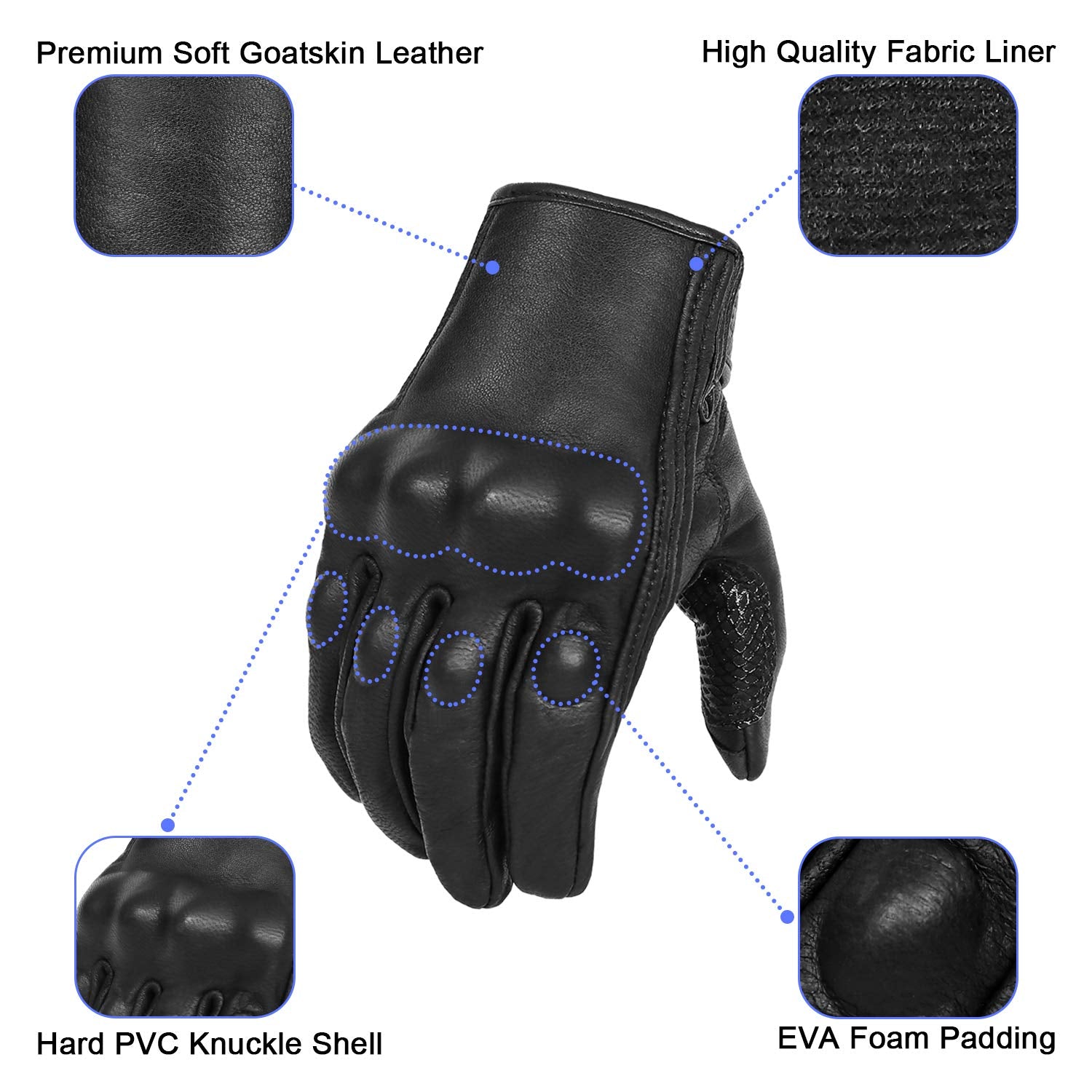 Updated Mens Goat Skin Leather Motorcycle Gloves Touchscreen Knuckle Protector Motorcross Racing Gloves (Updated,Non-Perforated,