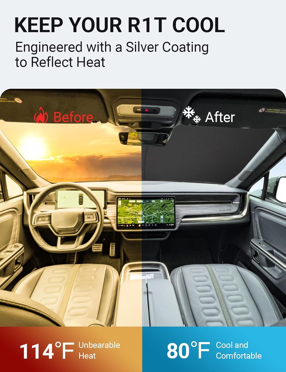 Proadsy 2025 Upgrade Windshield Sun Shade Custom Fit Rivian R1T 2022-2024 2025 4-Layer Foldable Front Sunshade Protector Sun Vis