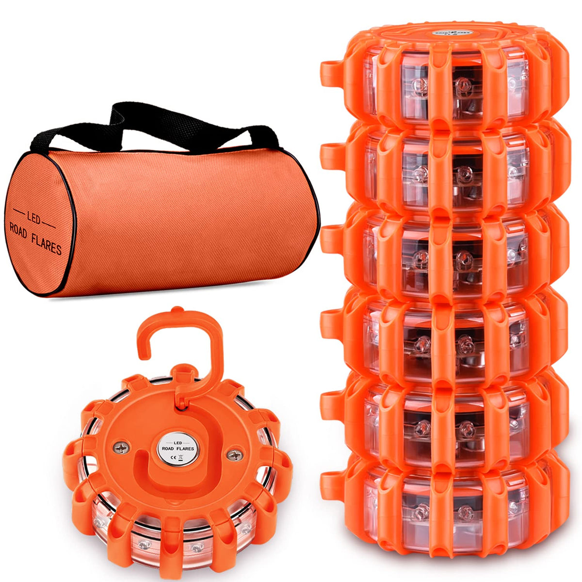 Tobfit 6 Pack Led Road Flares Emergency Lights Roadside Safety Beacon Disc Flashing Warning Flare Kit With Magnetic Base & Hook