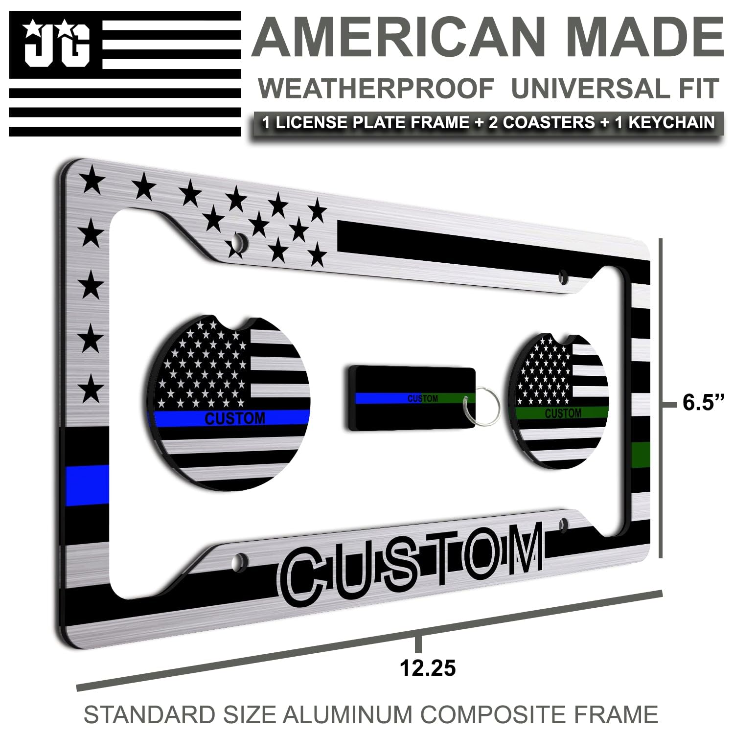 Thin Blue Line And Thin Green Line - Personalized American Flag License Plate Frame + 2 Coasters And A Keychain