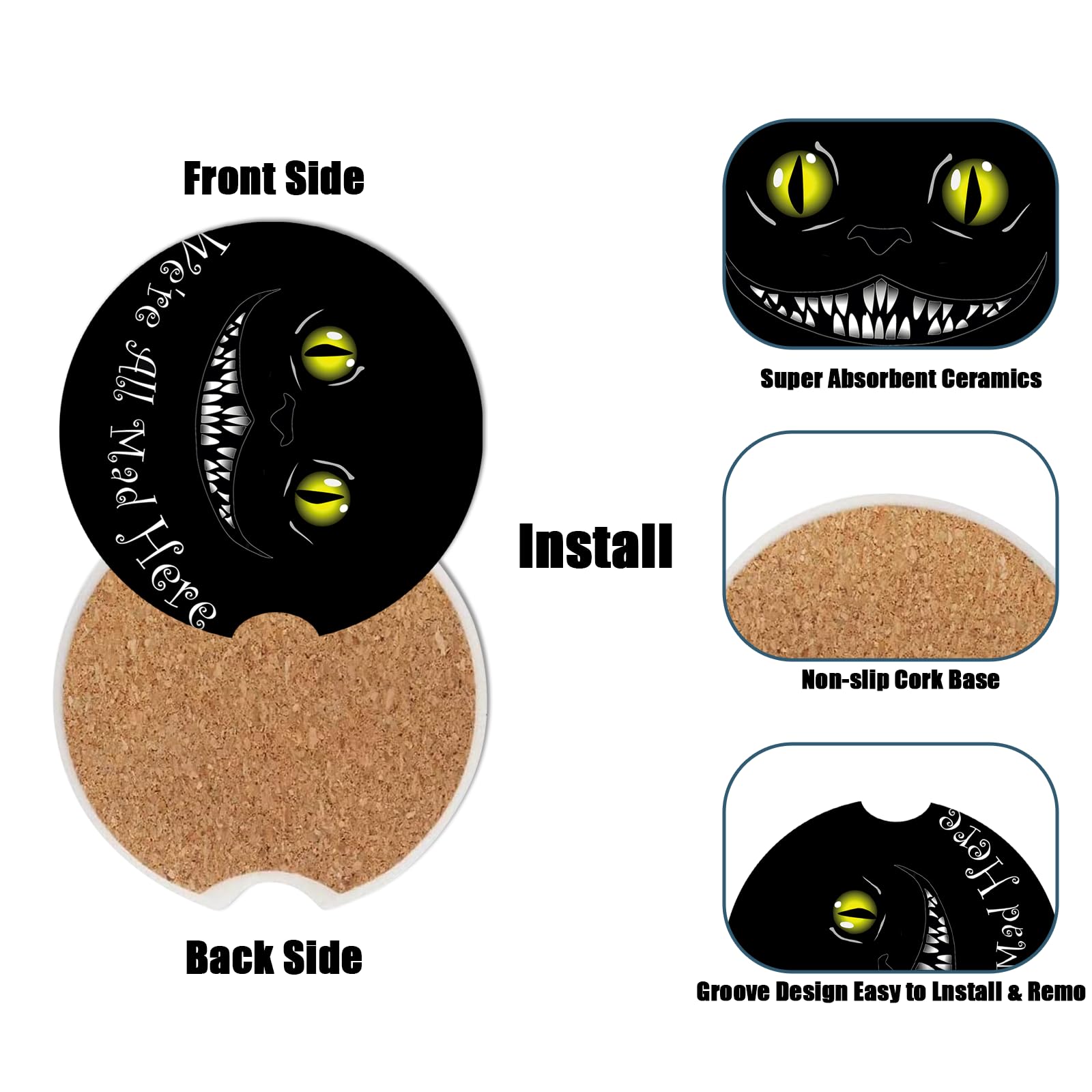 Car Cup Holder Coaster - Funny Black Cat Absorbent Ceramic Coaster, Car Coasters for Cup Holders, Auto Accessories for Women & M