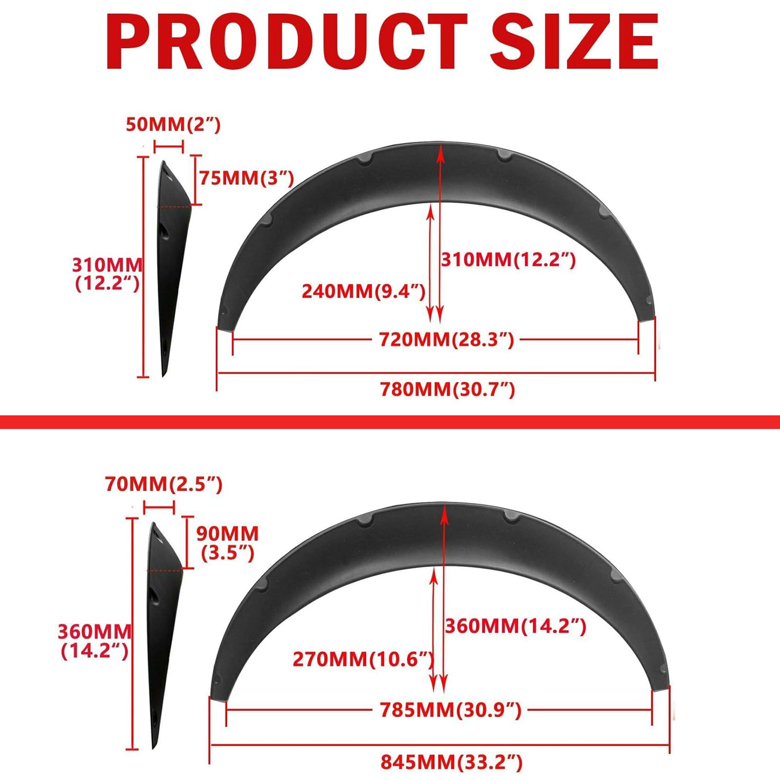 Blackhorse-Racing 4Pcs 780Mm+840Mm Universal Fender Flares Flexible Wide Body Car Kit Wheel Arches 2.25''/2.5'', Pack Of 4