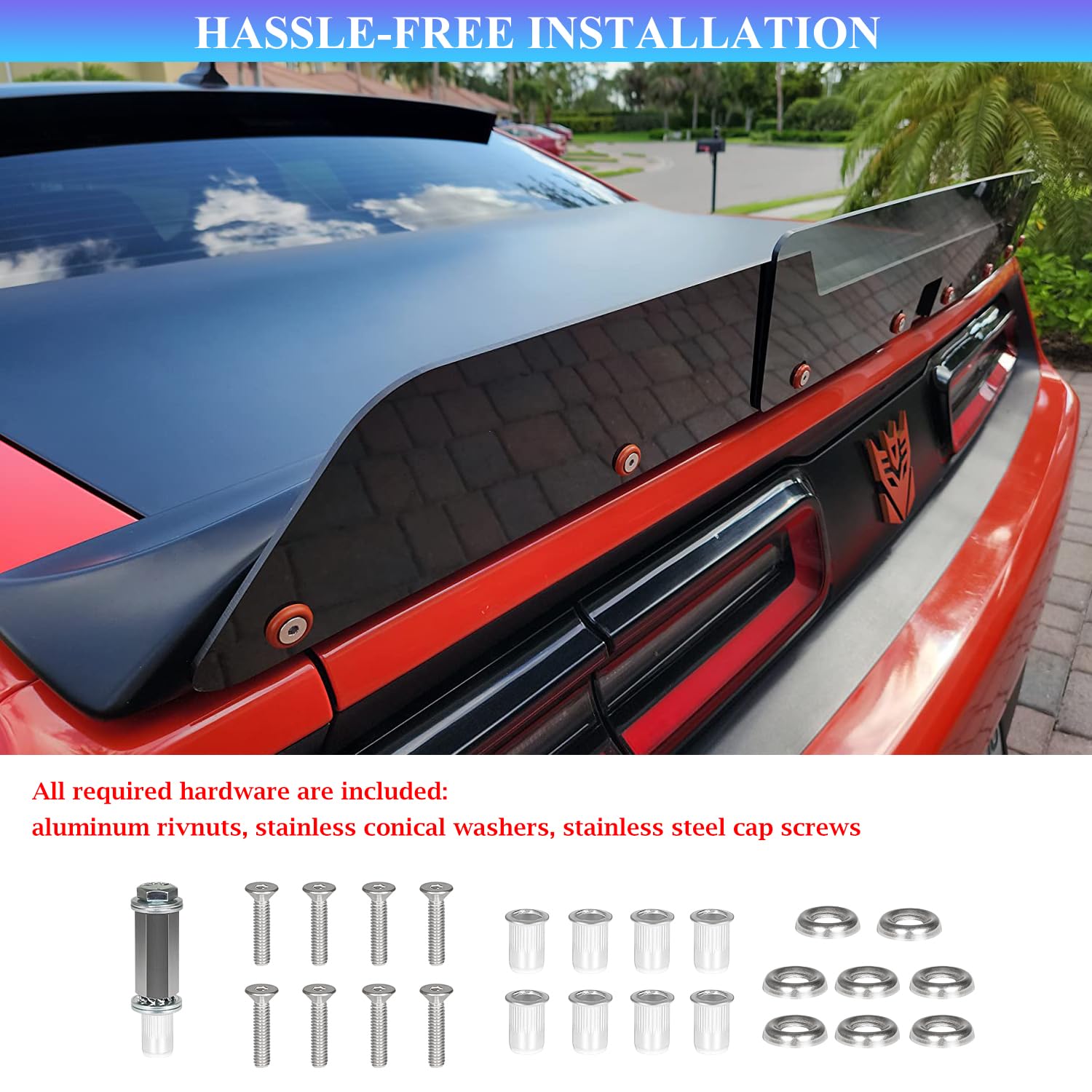 Bonbo Rear WickerBill Spoiler for Dodge Challenger 2015-2023, ABS Material, 2-Piece with Backup Camera, Includes RivNut Tool