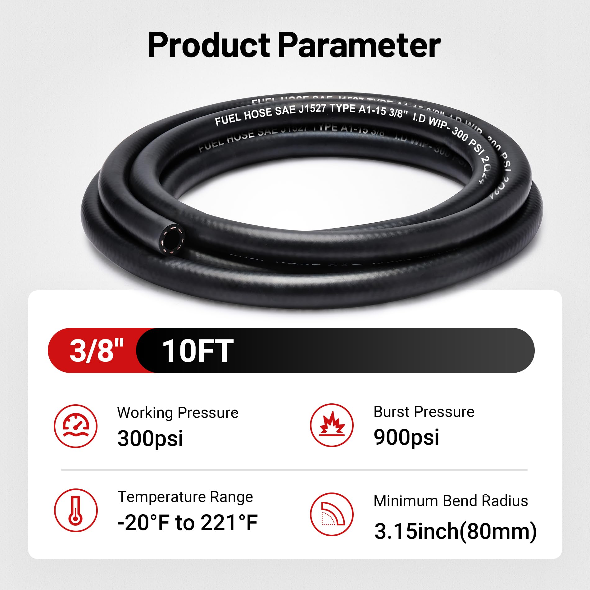 Evil Energy 3/8 Marine Fuel Line Hose Type A1-15 Rubber 10Ft Sae J1527