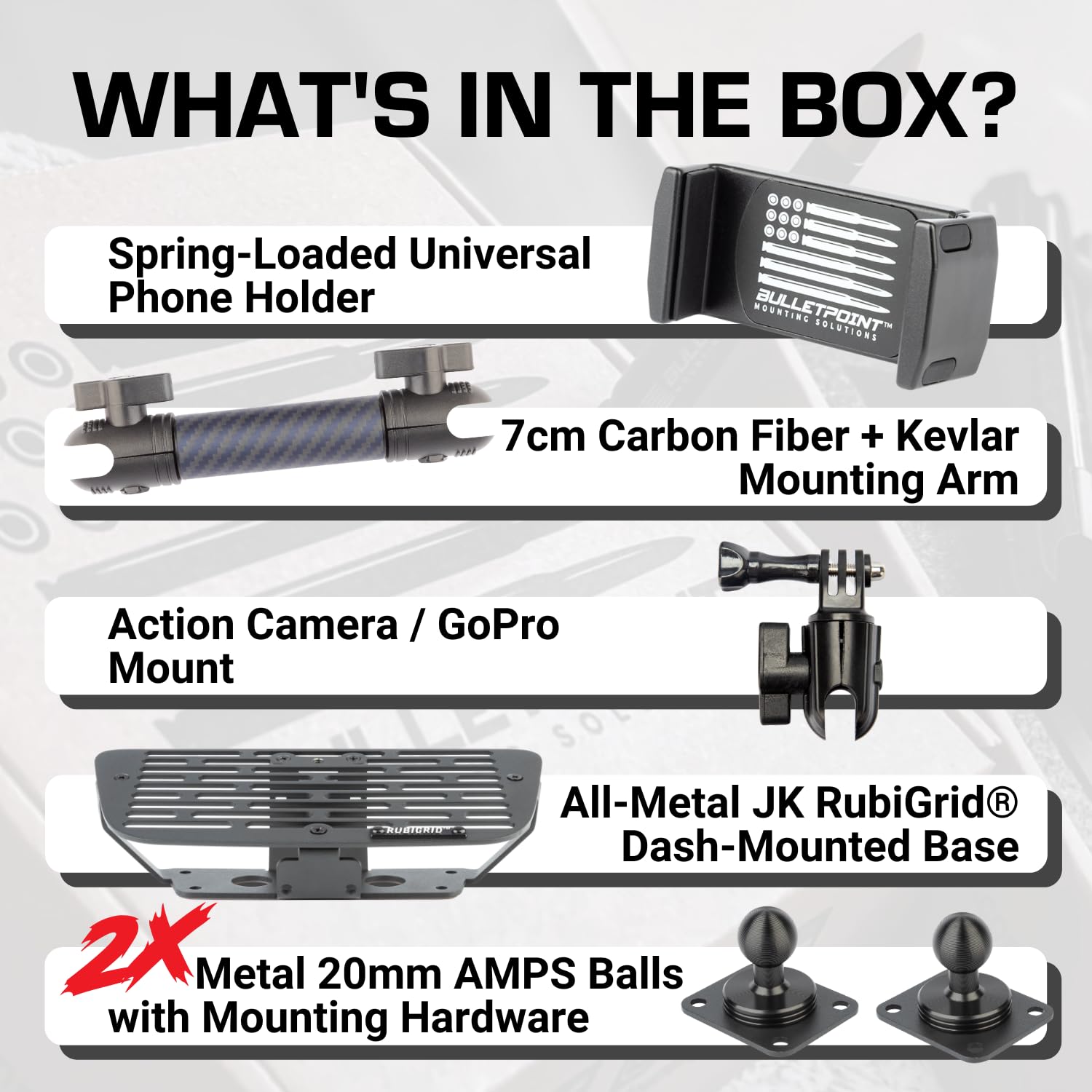 Bulletpoint Dash Cell Phone Holder Compatible with 2011-2018 Jeep Wrangler JK JKU 20mm Ball Mount (RubiGrid Multi-Device)