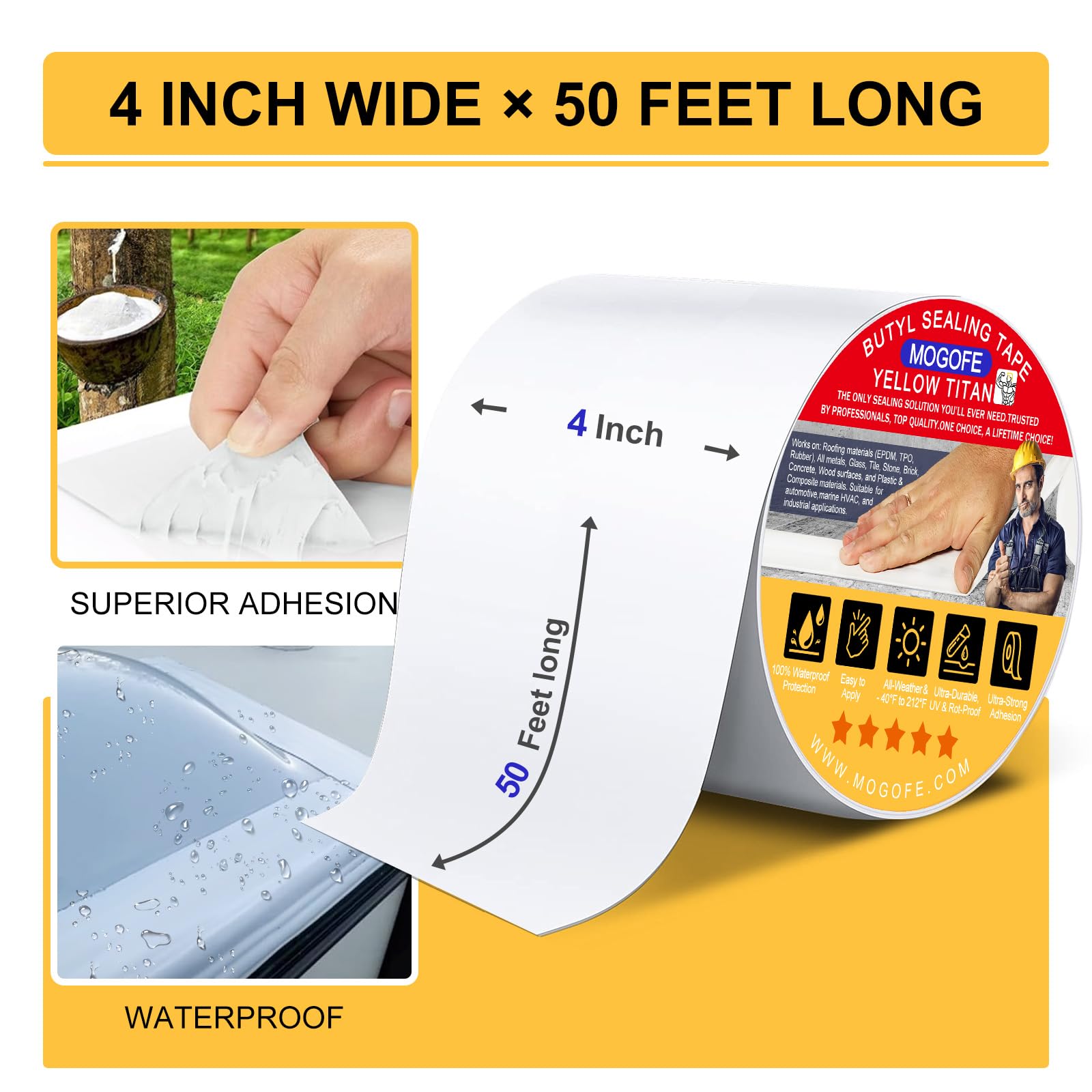 RV Roof Sealant Tape White, MOGOFE 4 Inch x 50 Feet RV Repair Roof Sealer Seal Tape UV-Resistant Waterproof Sealant Tape for RV