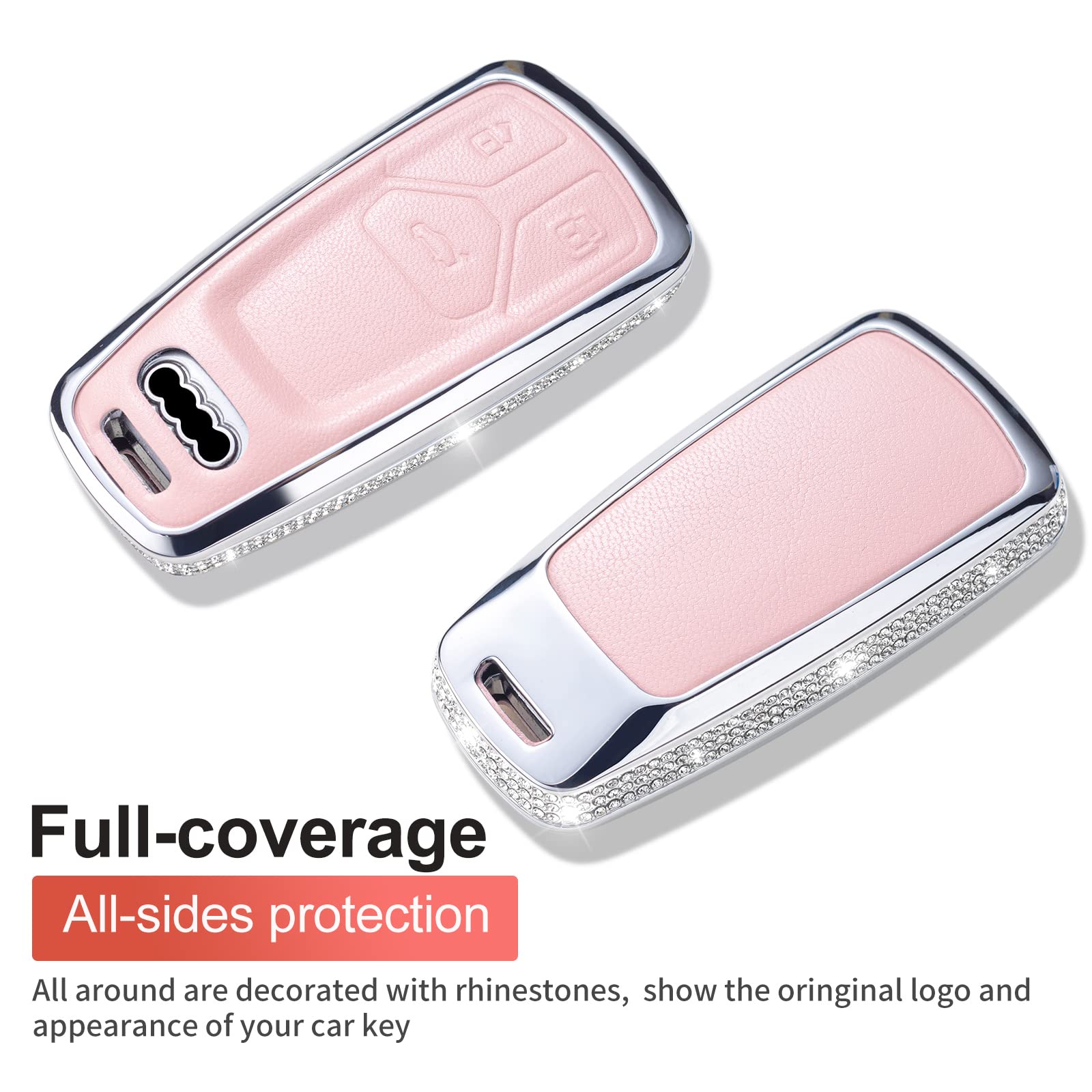 Ruabiban Compatible With Audi Key Fob Cover With Keychain, Pink Genuine Leather Crystal Key Case Protection Shell For A4 Q7 Q5 T