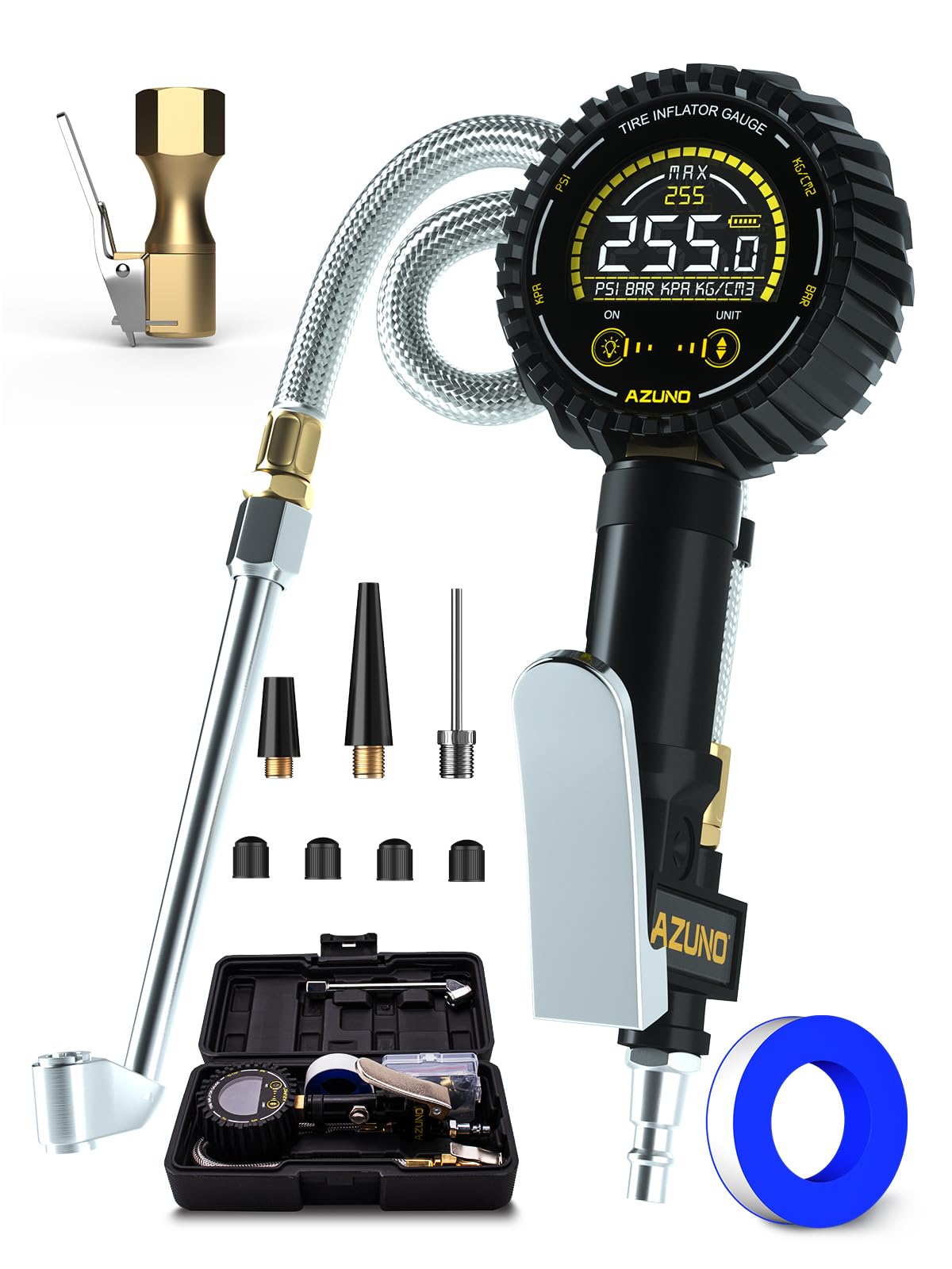 Azuno Tire Pressure Gauge, 255Psi Digital Tire Inflator Gauge Air Chuck Air Compressor Attachments, With Steel Braided Hose, Qui