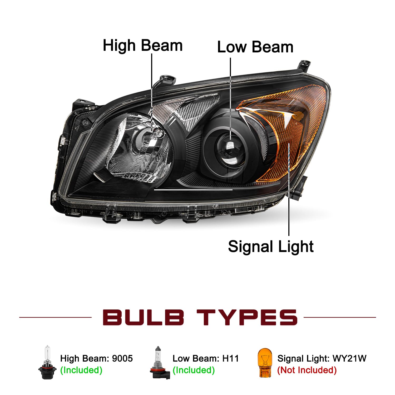 Jsboyat Halogen Headlight Assembly For 2009-2012 Toyota Rav4 Driver And Passenger Side Black Housing With Amber Reflector (Bulbs Included)