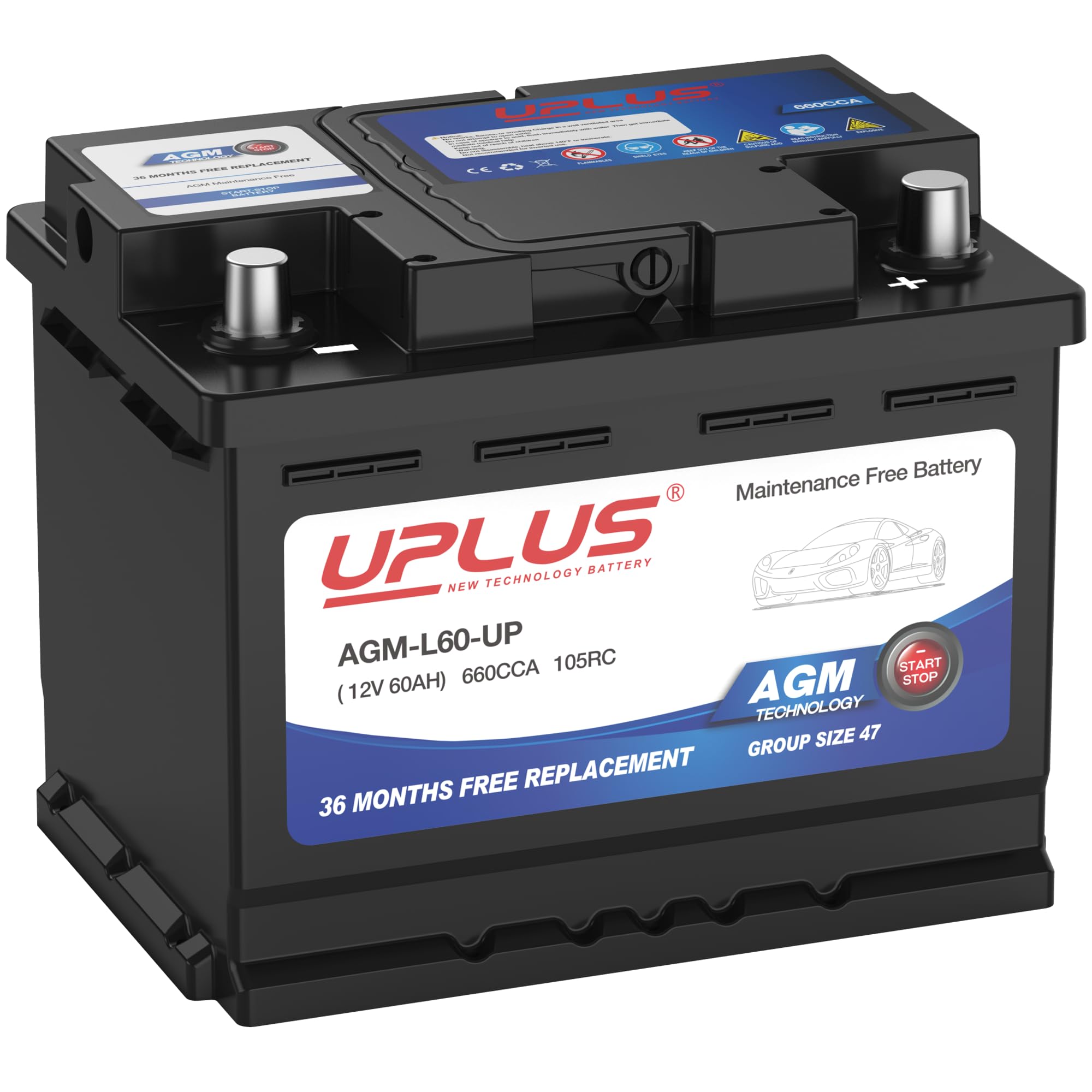 Uplus Bci Group 47 Car Battery, Agm-L60-Up Maintenance Free 12V 60Ah Premium Agm Batteries H5 L2 Automotive Battery, 660Cca, 105