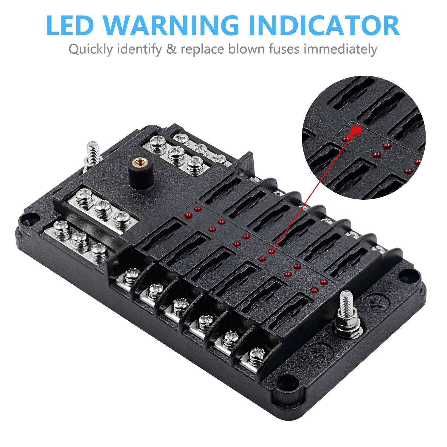 12 Way 12V Fuse Box 12Volt Blade Fuse Block Holder, 12 Circuit W/Negative Bus Waterproof Fuse Box With Led Indicator For 12V/24V