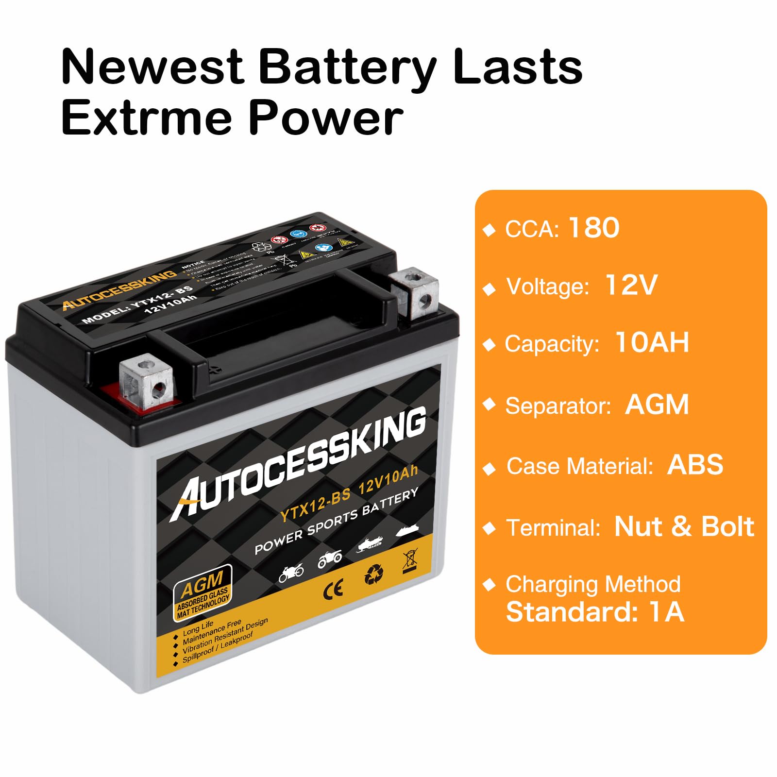 Ytx12-Bs Motorcycle Battery, 12V 10Ah Rechargeable Maintenance Free Sealed Agm Battery Powersport Replacement Battery For Atv An