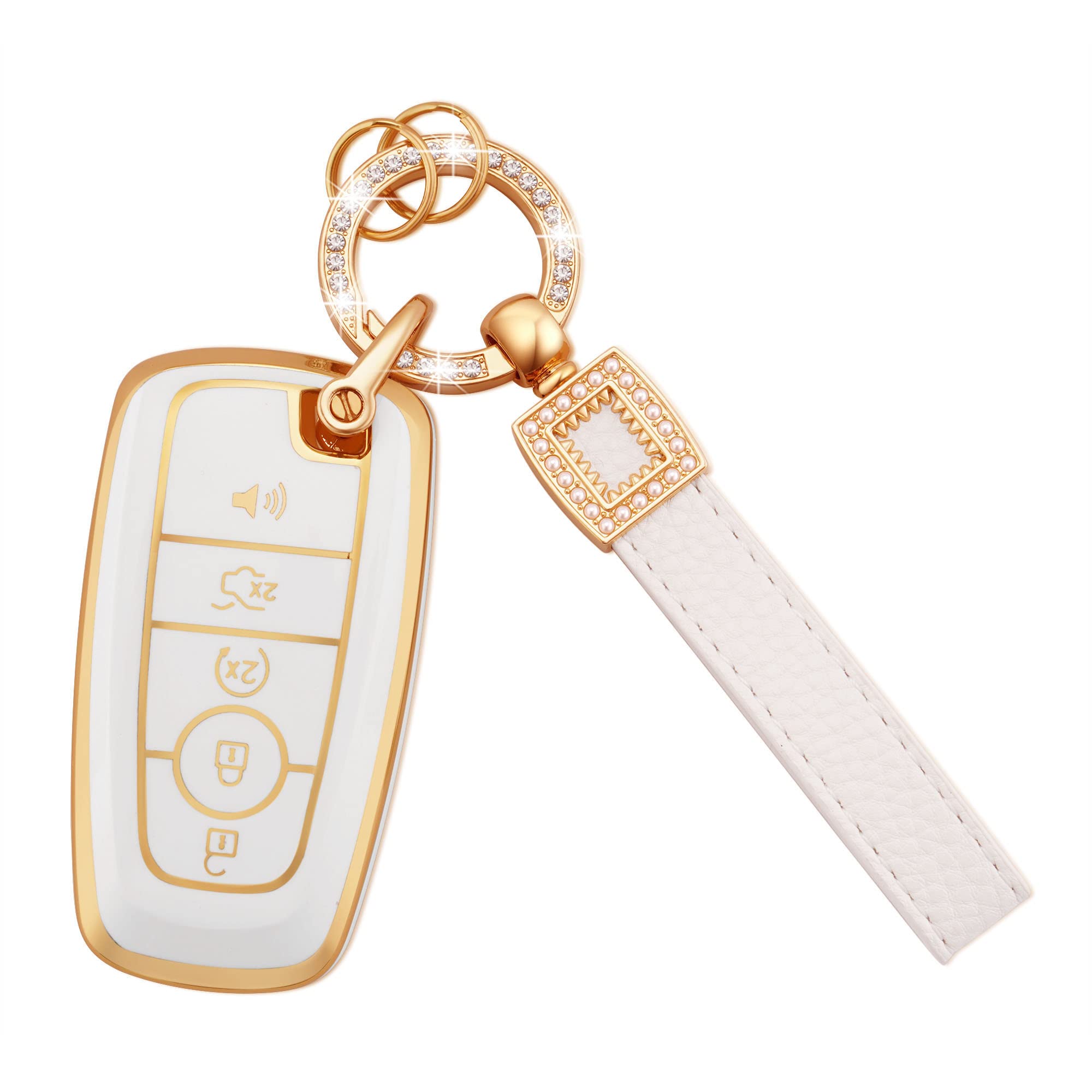 EKALA for Ford Key Fob Cover with Leather Key Fob Keychain, 5 Buttons Soft TPU Keys Shells Girly White Key Fob Cover Compatible 