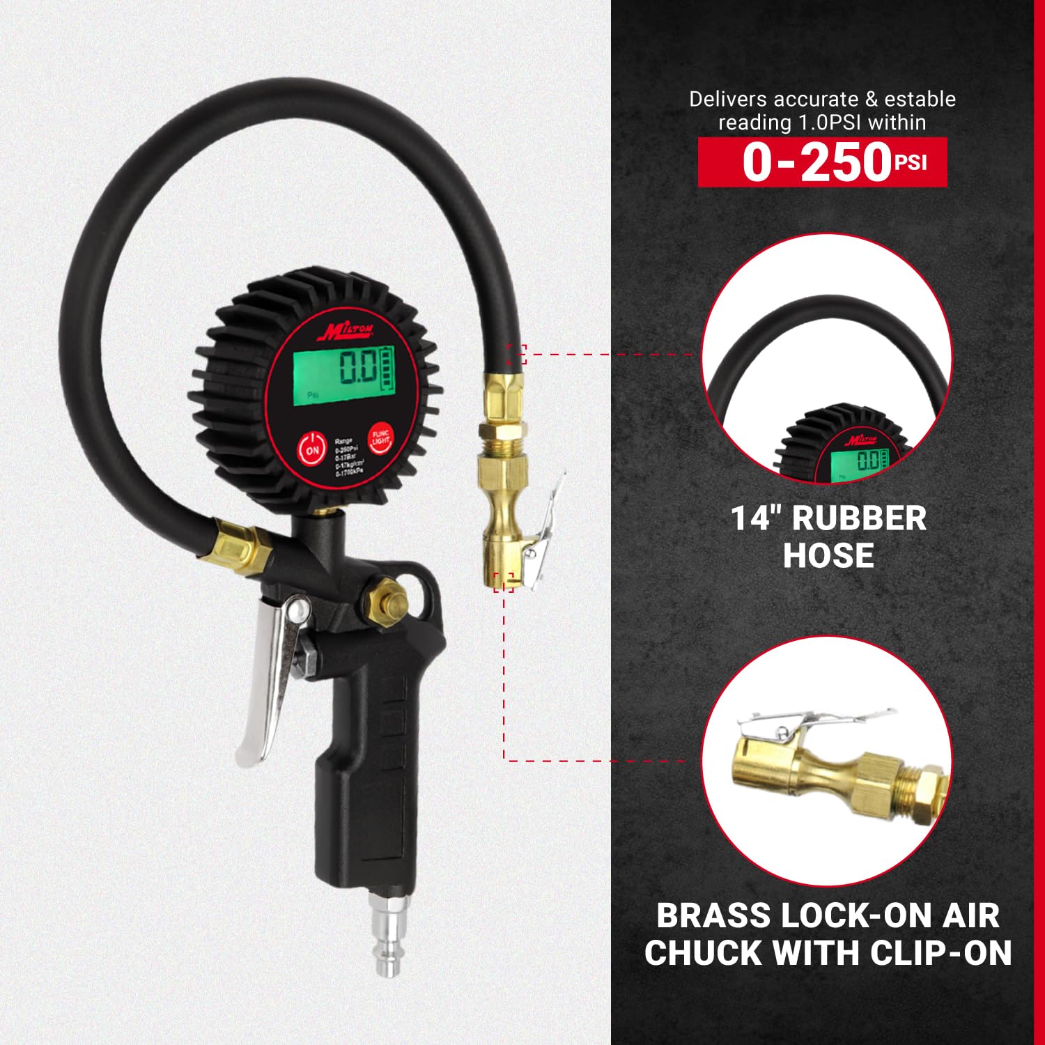 Milton 507Kit Digital Tire Inflator Car Accessories W/Accurate Air Tire Pressure Gauge, 14    Rubber Air Hose - 250 Psi, Brass L