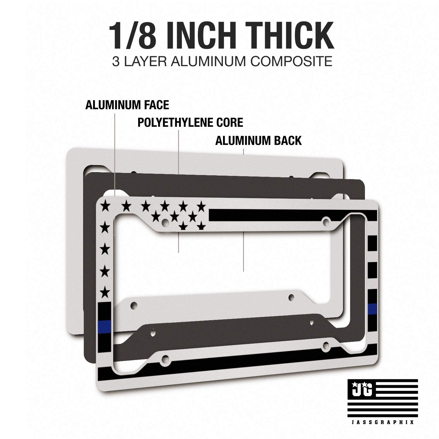 Jass Graphix American Flag License Plate Frame - Thin Blue Line- Car Tag Frame -Blue On White Police