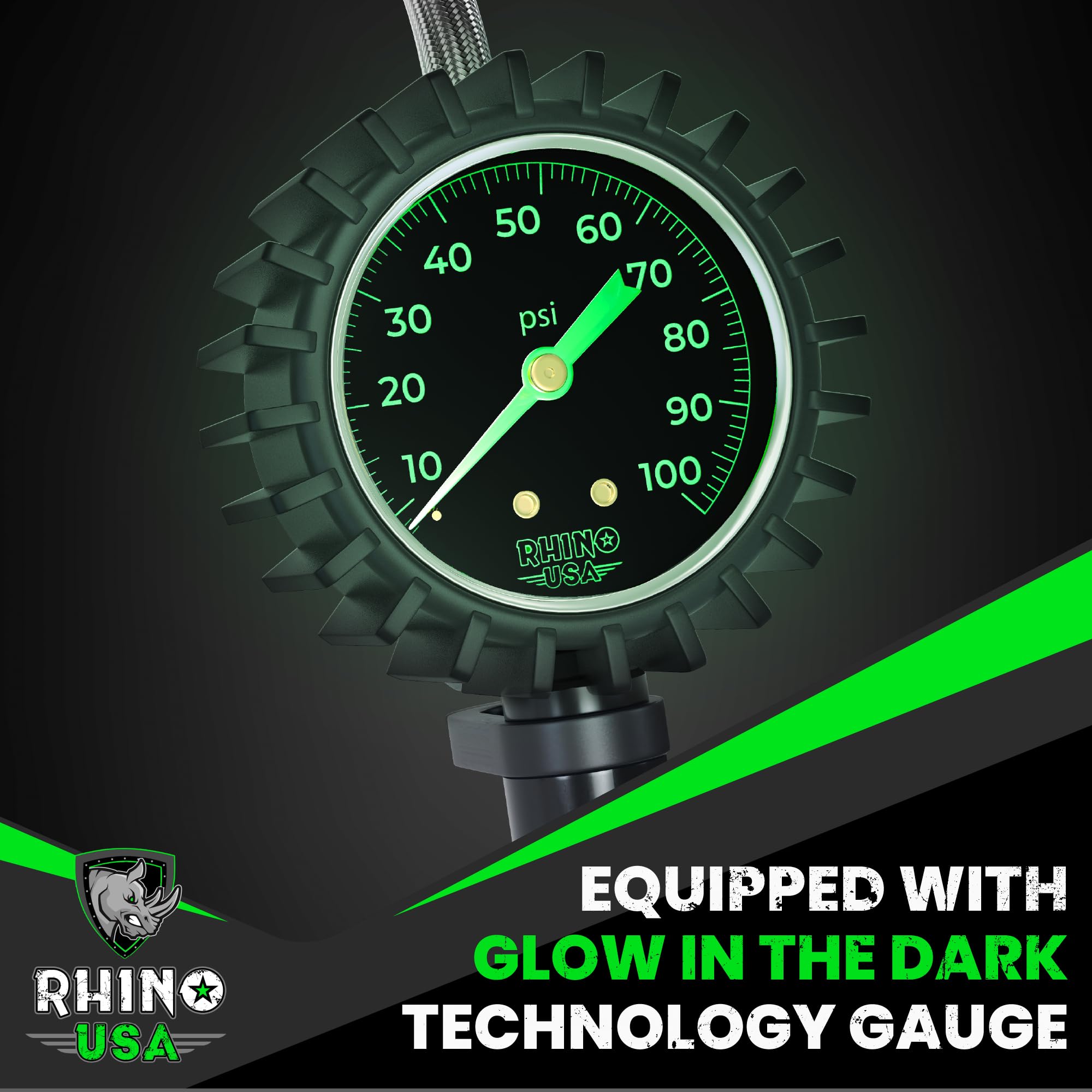 Rhino USA Tire Inflator with Pressure Gauge (0-100 PSI) - ANSI B40.1 Accurate, Large 2' Easy Read Glow Dial, Premium Braided Hose, Solid Brass Hardware, Best for Any Car, Truck, Motorcycle, RV