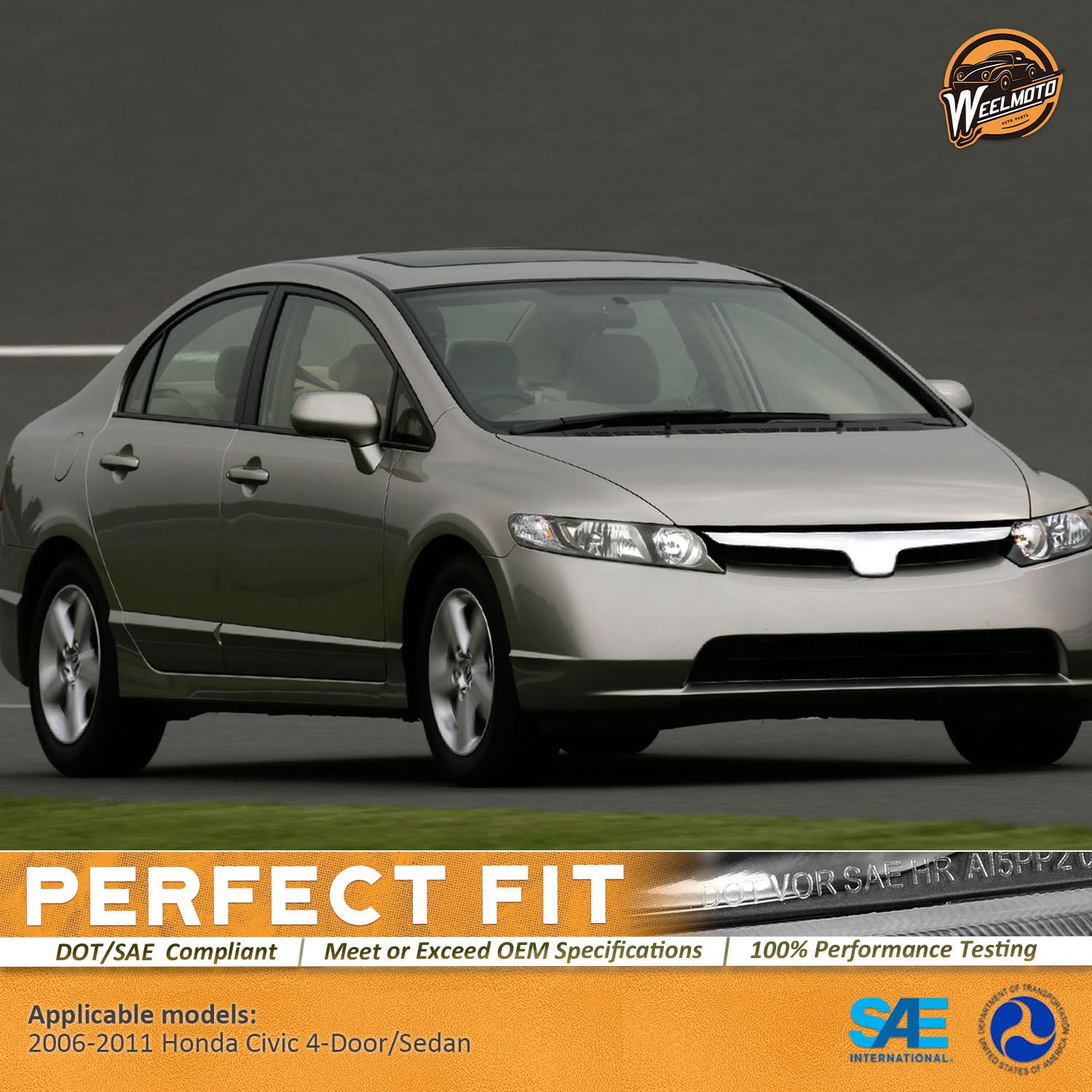 Weelmoto For 2006-2011 Honda Civic 4-Door Headlights Assembly Replacement For 2006 2007 2008 2009 2010 2011 Honda Civic 4-Door Headlight Pair Headlamp Replacement Chrome Housing Amber Reflector