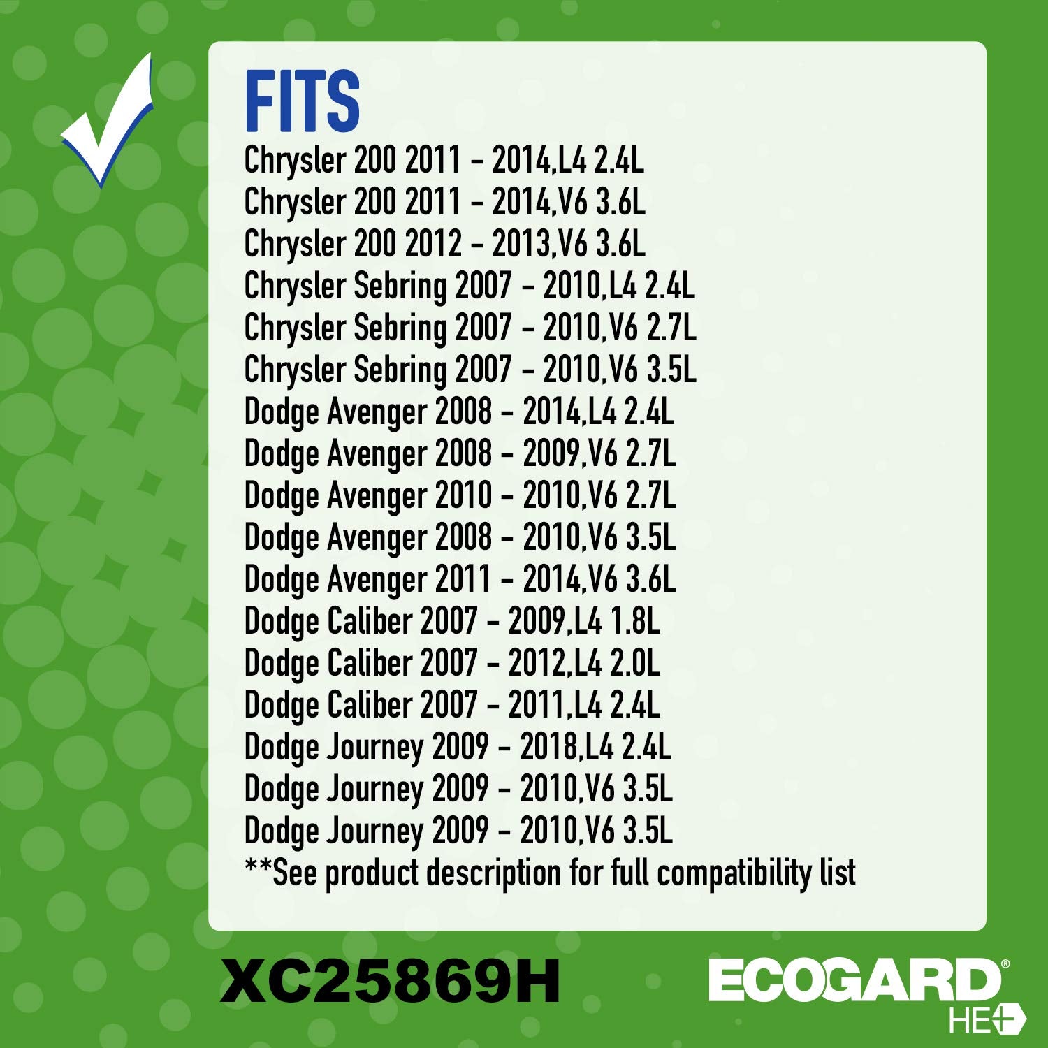 ECOGARD XC25869H Upgraded High Efficiency Cabin Air Filter + Baking Soda Compatible with Dodge Journey, Avenger, Caliber | Jeep Patriot, Compass | Chrysler 200, Sebring