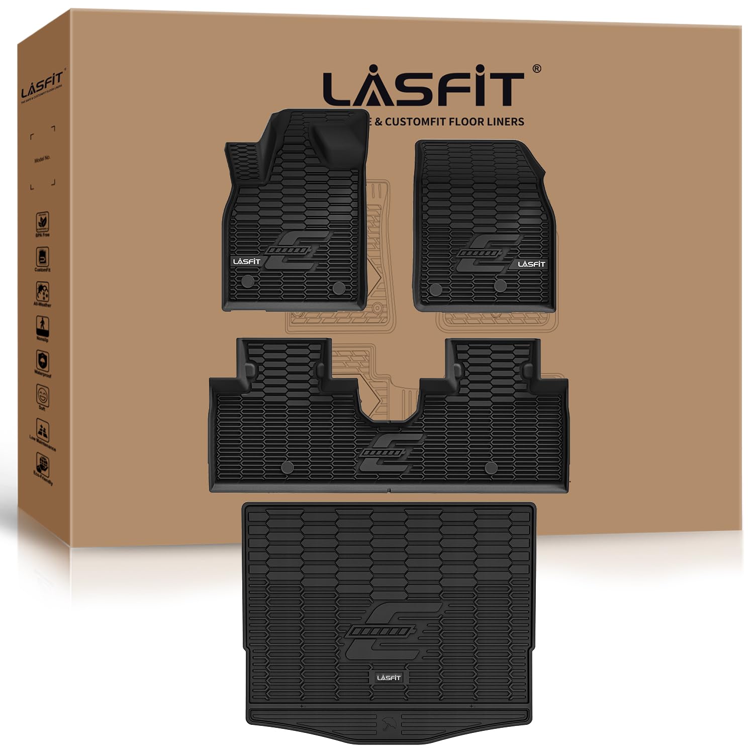 Lasfit Floor Mats And Trunk Mat For Ford Mustang Mach-E 2024 2023 2022 2021 (Cargo Floor In Top Position) All Weather Tpe Car Li