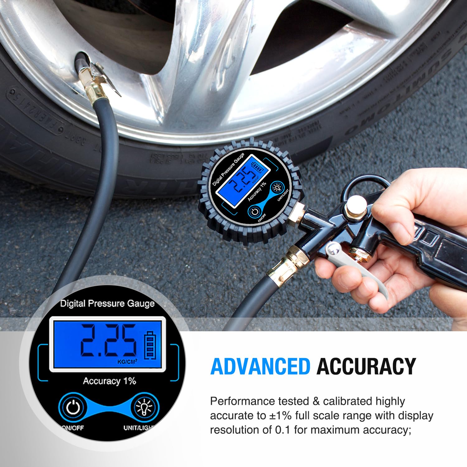 Nilight 50026R Digital Tire Inflator Pressure Gauge,250 Psi Air Chuck And Compressor Accessories Heavy Duty With Rubber Hose And Quick Connect Coupler For 0.1 Display Resolution