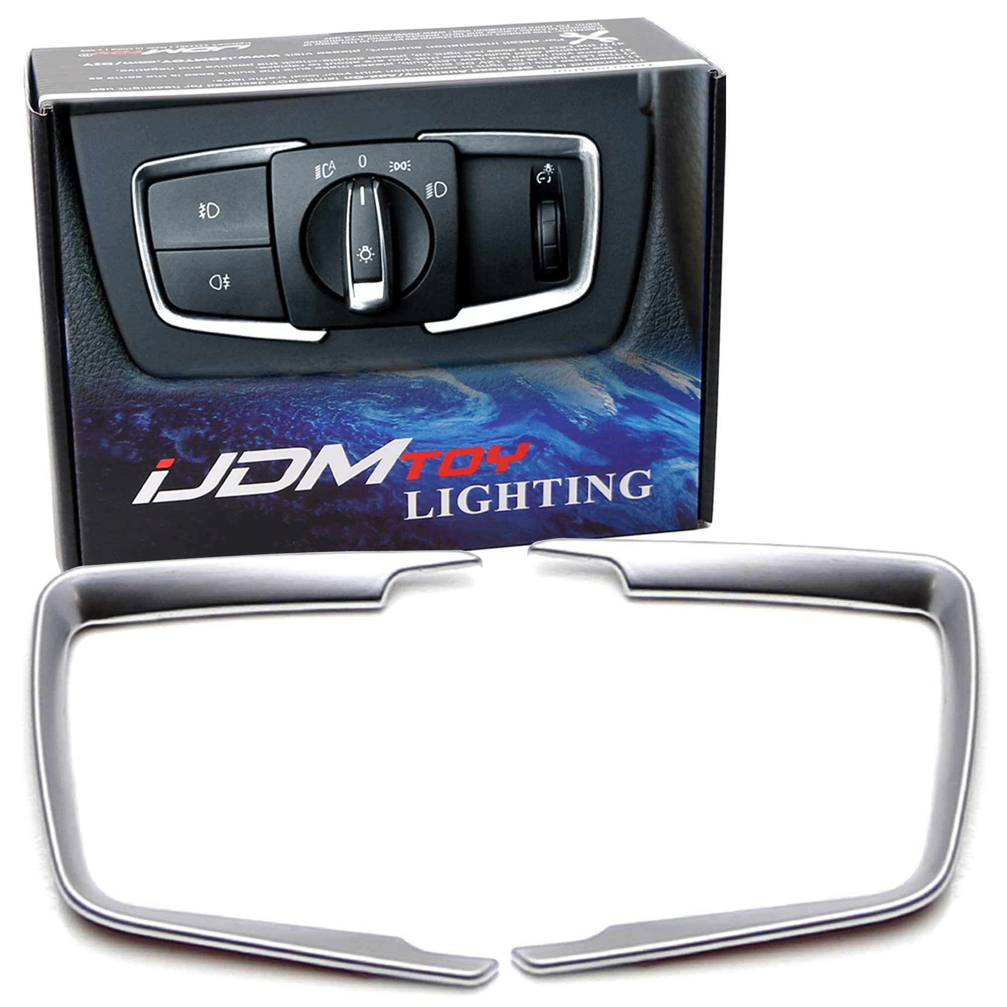 Ijdmtoy 2Pc Metallic Silver Light Switch Surrounding Decorative Trims Compatible With Bmw 2 3 4 Series X5 X6 (F22 F30 F31 F32 F3
