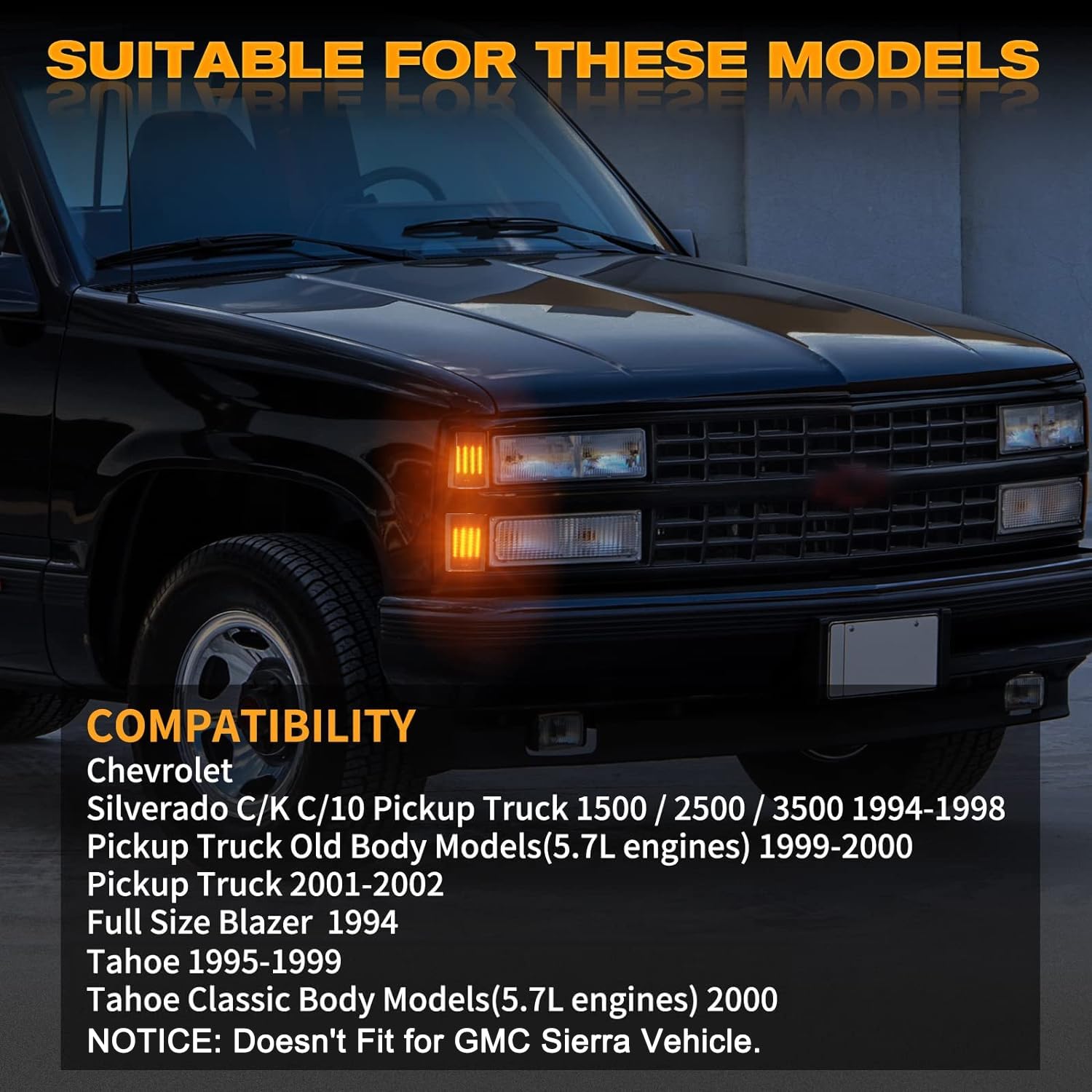 Popmotorz 4 Pack Led Front Corner Light Side Marker Signal Lamps Assembly Kit For Chevy C/K Series 1500 2500 3500 Chevy Tahoe/Chevy Suburban/Chevrolet Silverado 1994-1998 Pickup Truck Smoked Len