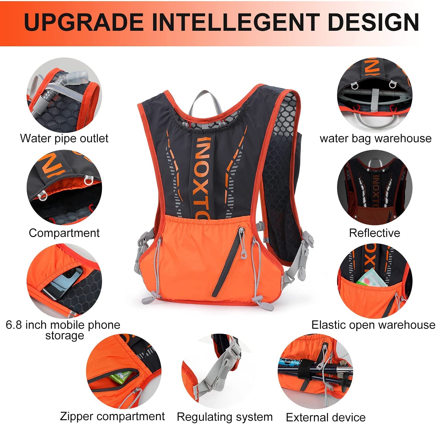 Inoxto Hydration Vest Backpack,Lightweight Water Running Vest Pack With 1.5L Water Bladder Bag Daypack For Hiking Trail Running Cycling Race Marathon For Women Men