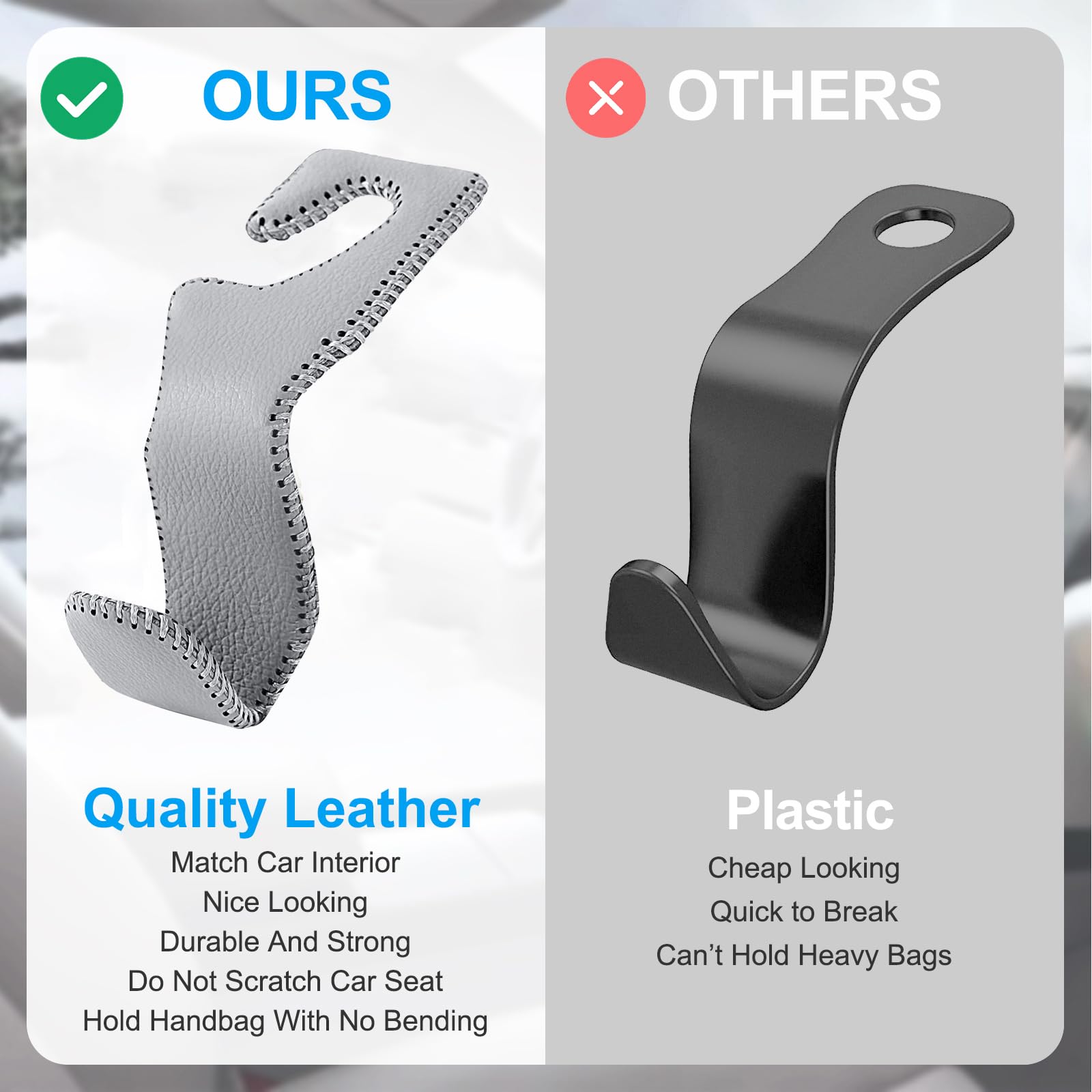 Eldhus Car Seat Hooks For Purses And Bags, 4 Pack Car Purse Holder For Grocery Bag Handbag Clothes, Metal Headrest Hooks Covered