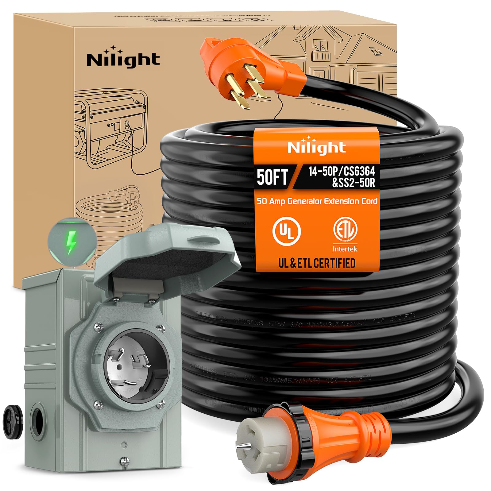 Nilight 50A 50Ft Generator Extension Cord And Power Inlet Box 125/250V Heavy Duty 6/3+8/1 Gauge Stw Etl Listed Nema 14-50P/Ss2-5