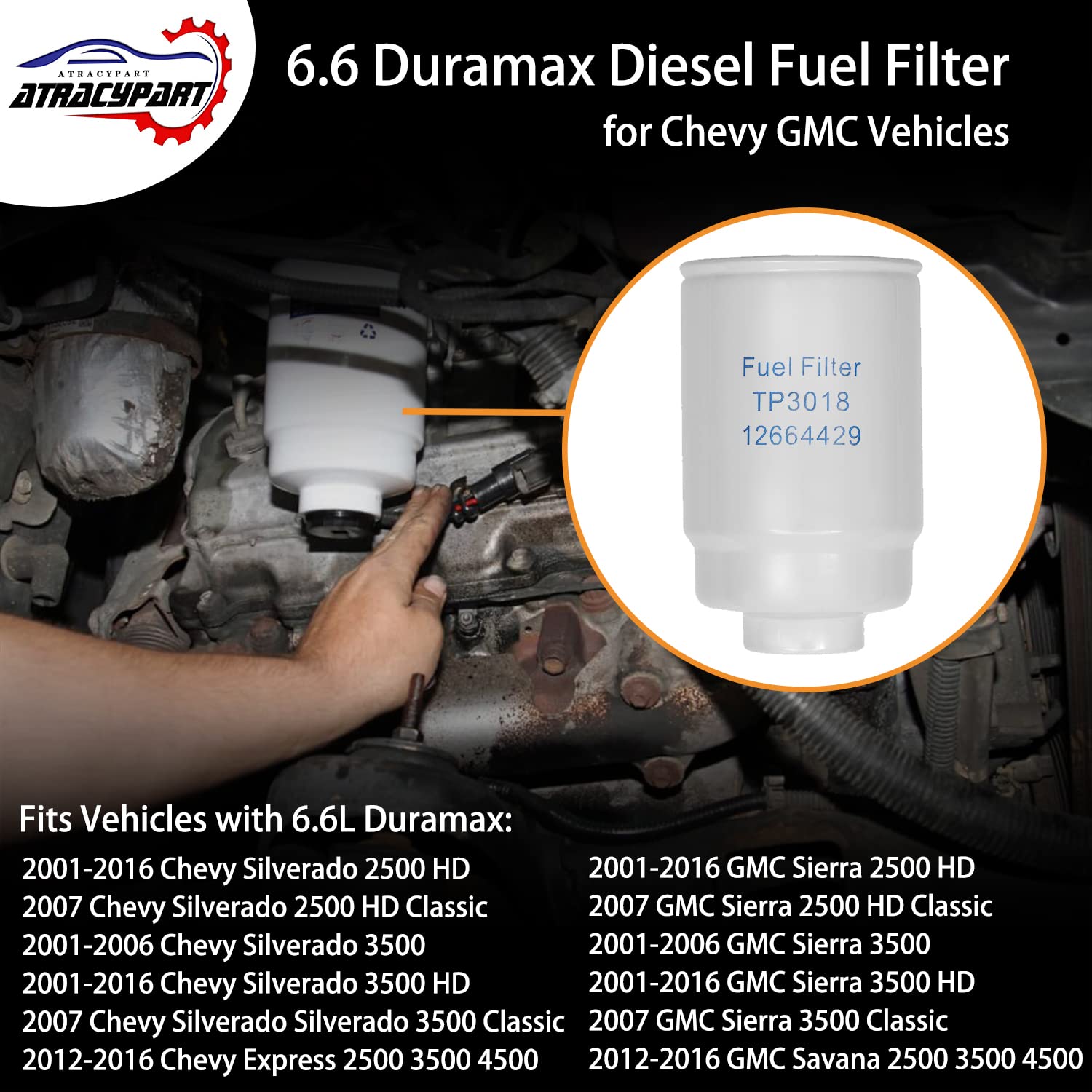 ATRACYPART 6.6 Duramax Diesel Fuel Filter with Seals for 2001-2016 Chevy Silverado 2500 HD GMC Sierra | Replaces TP3018, TP3012