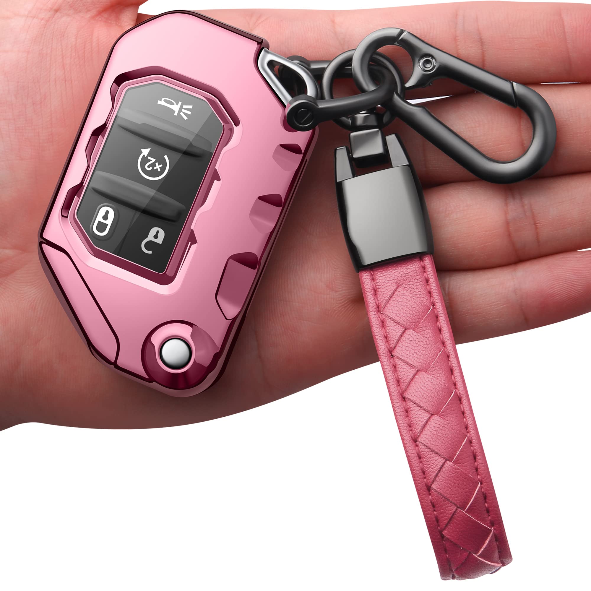 Autophone Compatible With Jeep Key Fob Cover With Leather Keychain Soft Tpu Protection Key Case For 2018 2019 2020 2021 Wrangler Jl Gladiator Remote Key (Pink)