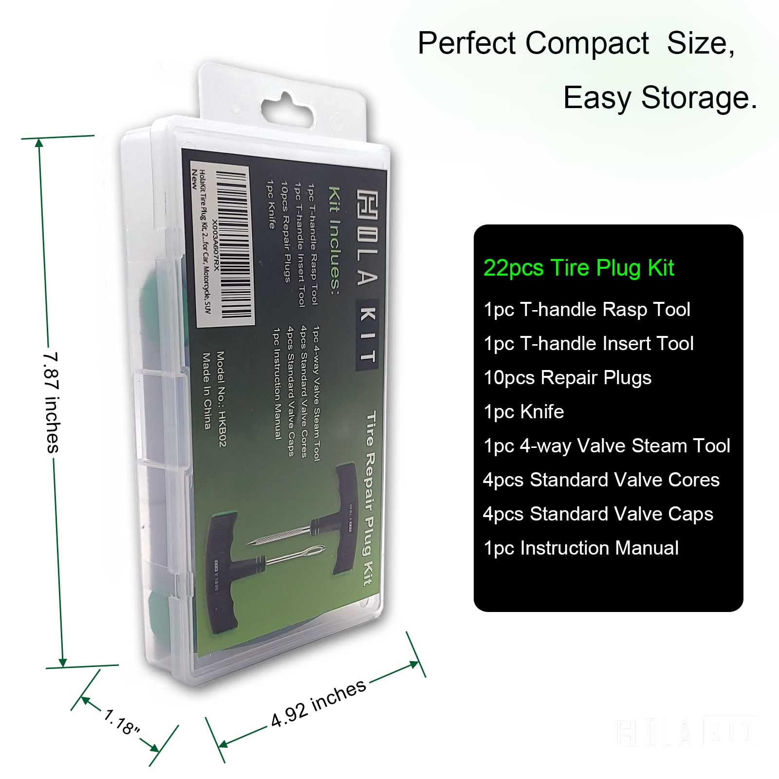 Holakit Tire Plug Kit, 22Pcs Compact Tire Repair Kit With Rubber Plugs, Upgrade T-Handle, 4-Way Valve Steam Tool, Flat Tire Puncture Repair Tools For Cars, Motorcycle, Atv, Suv