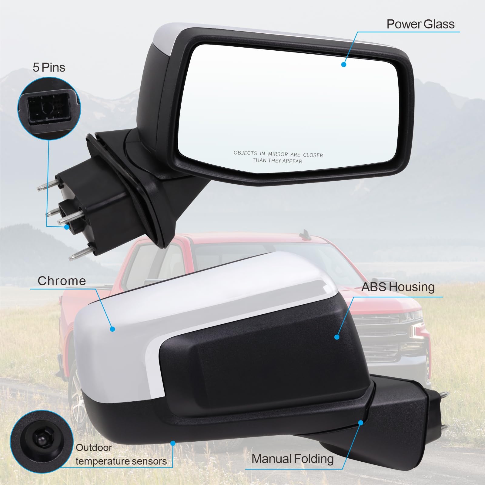 Lqito Right Passenger Side Mirror Compatible With 2019-2025 Chevy Silverado 1500 With Manual Folding Power Glass Temperature Sen