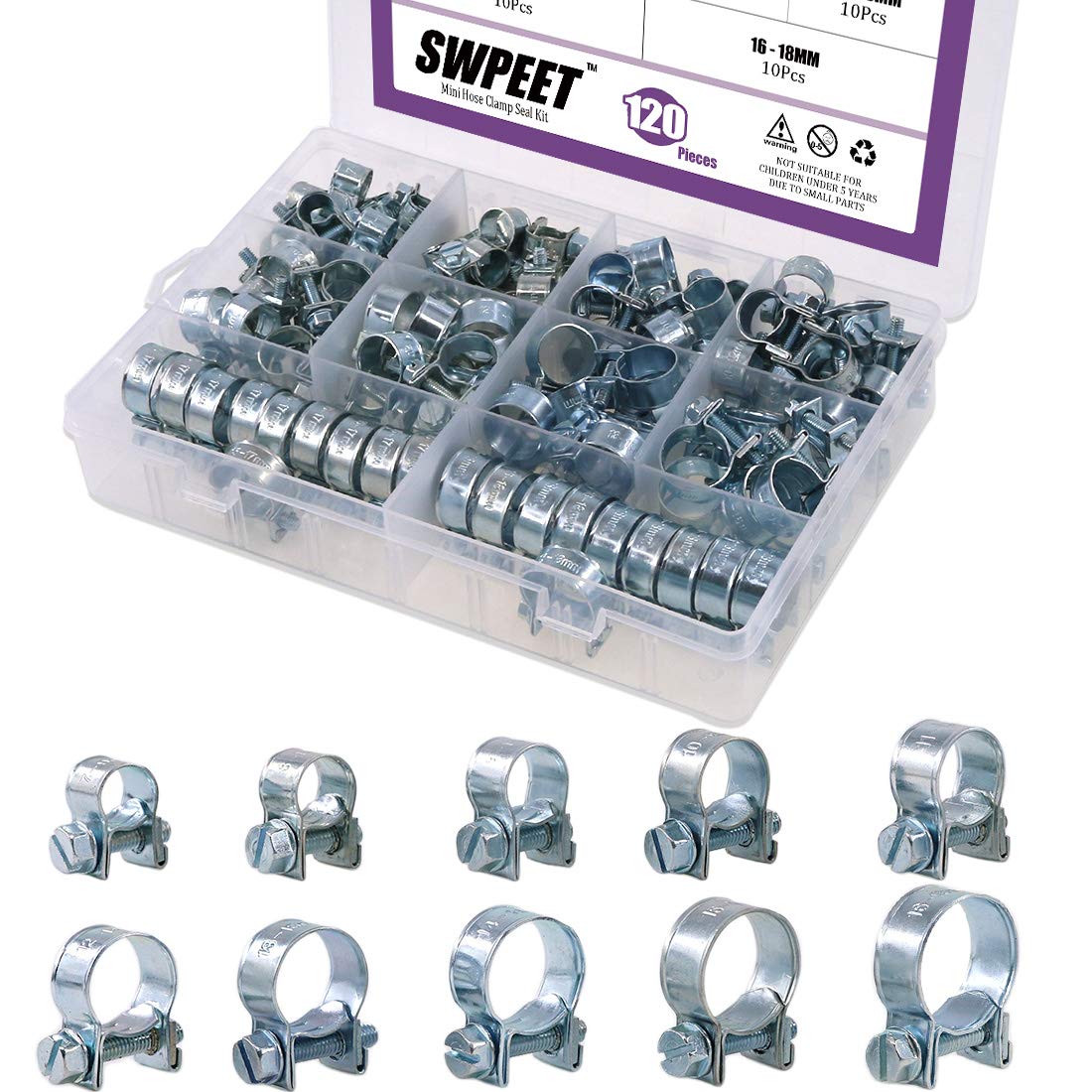 Swpeet 120Pcs 10 Sizes Zinc Plated Mini Fuel Injection Line Style Hose Clamp Assortment Kit Perfect For Automotive, Agriculture,