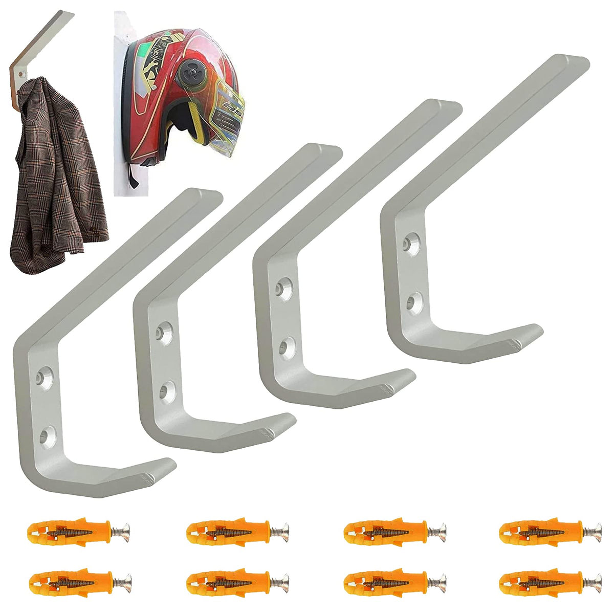 4 Pack Sturdy Aluminium Motorcycle Helmet Holder,Motorbike Jacket Display Rack,Backpack Bags Wall Mount Hanger,Cloth Coat Glove Storage Hook - With Mounting Screws,No Helmet