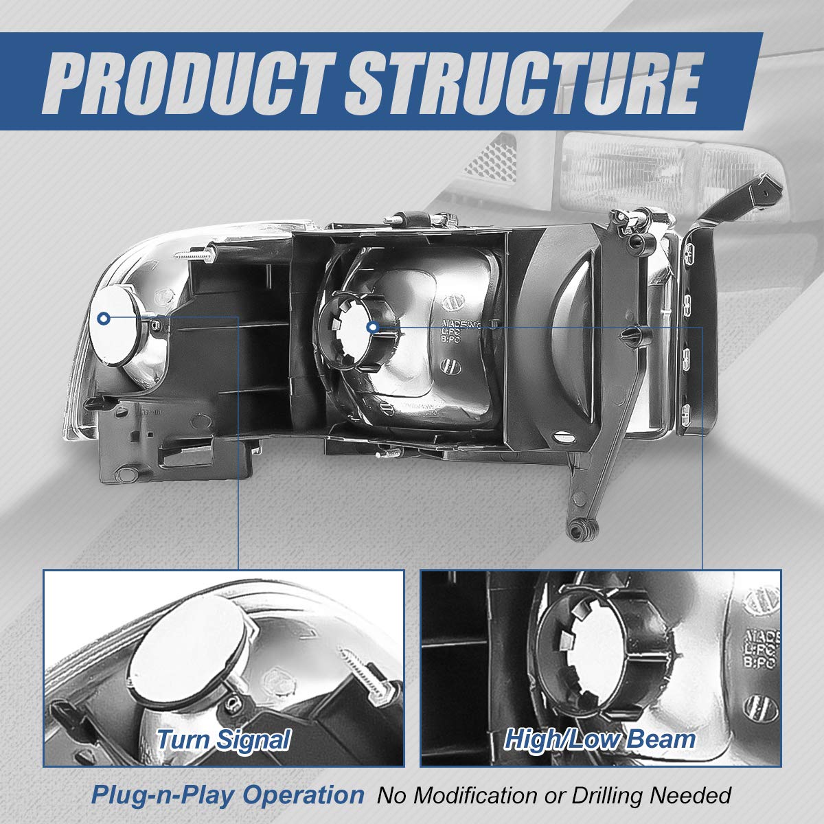 Auto Dynasty 4Pcs Headlights Assembly With Corner Lamp Compatible With Dodge Ram 1500 2500 3500 (Non-Sport Models) 94-02, Driver