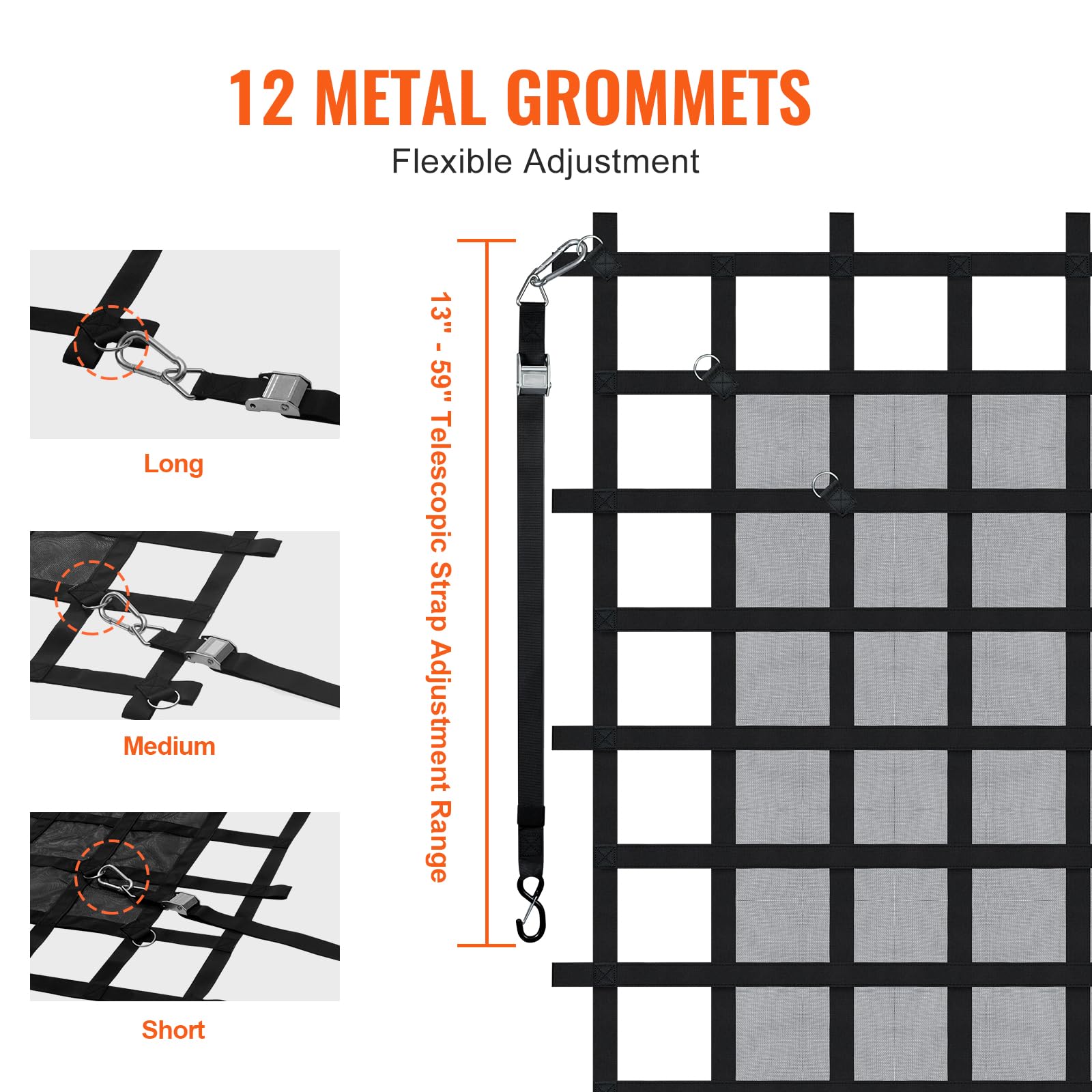 VEVOR Cargo Net with Mesh, 72 in x 57 in, Heavy Duty Truck Cargo Net-(WLL) 1,100lbs, 4 Adjustable Straps with Carabiners & S-Hoo